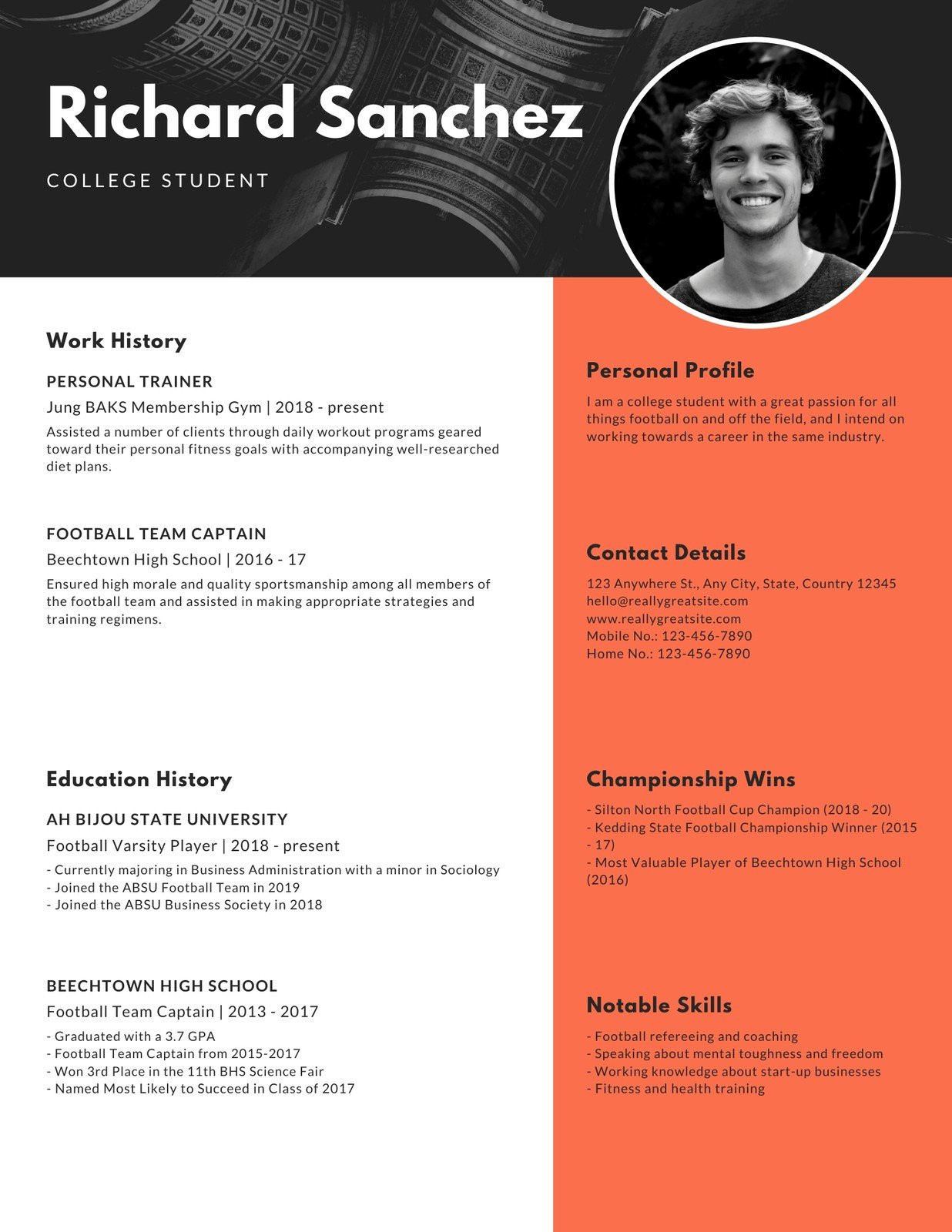 Orange County Resumes Samples for android 7 Year Black orange Modern Photo College Resume – Templates by Canva