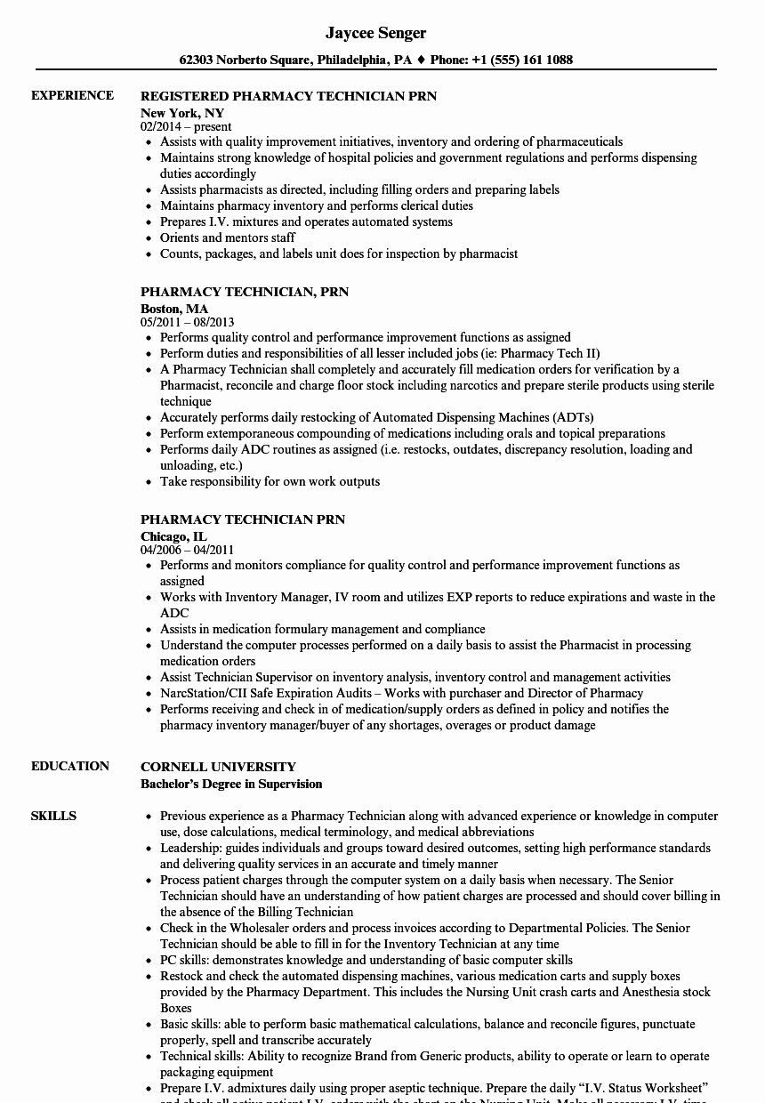 Pharmacy Technician Resume Sample for Hospital Hospital Pharmacy Technician Resume Inspirational Pharmacy