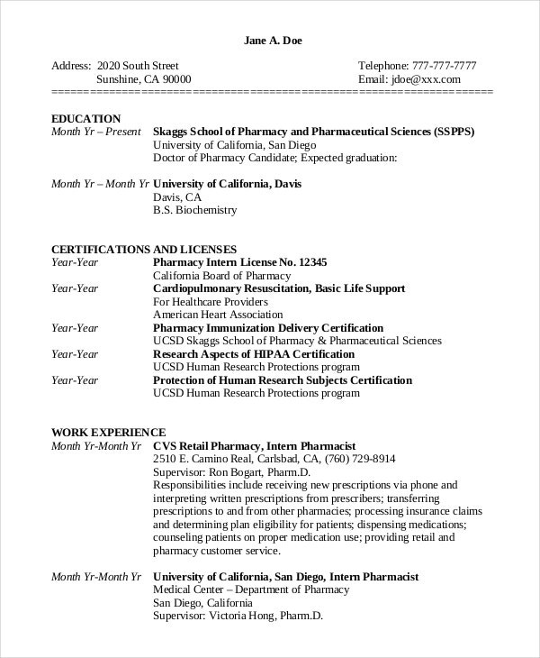 Pharmacy Technician Resume Sample for Student Pharmacist Resume Template 6 Free Word Pdf Document