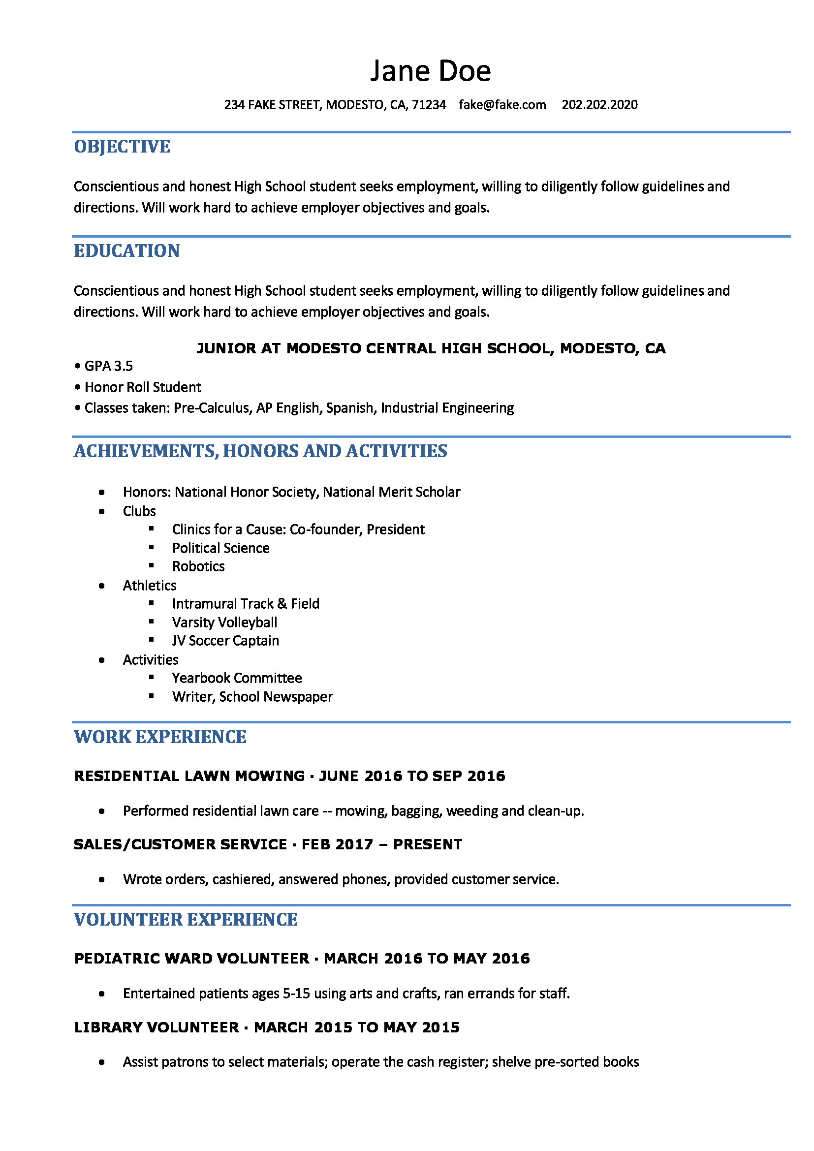 Printable Sample Resume for High School Student High School Resume Resume Templates for High School