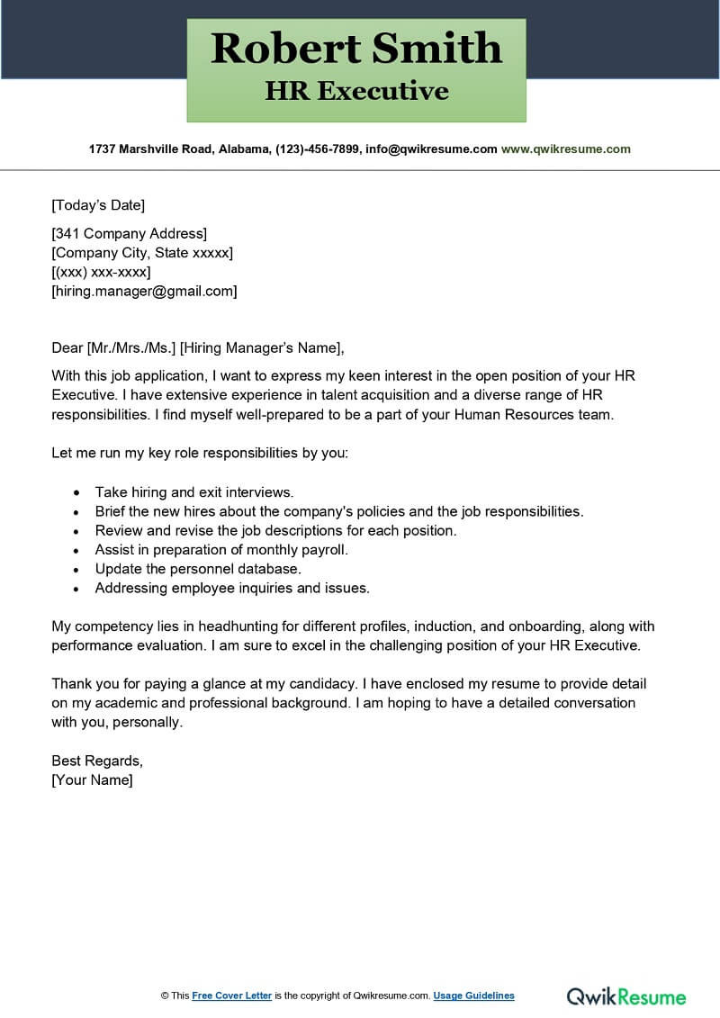 Professional Cover Letter for Resume Human Resorce Sample Hr Executive Cover Letter Examples – Qwikresume