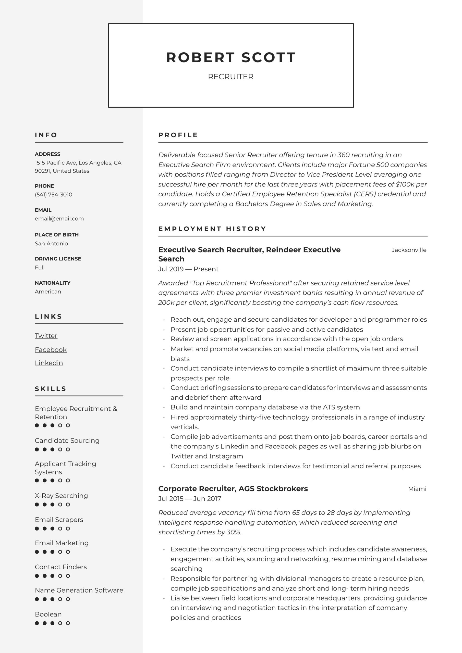 Recruitment Consultant Resume Sample No Experience Recruiter Resume & Writing Guide 22 Examples 2022
