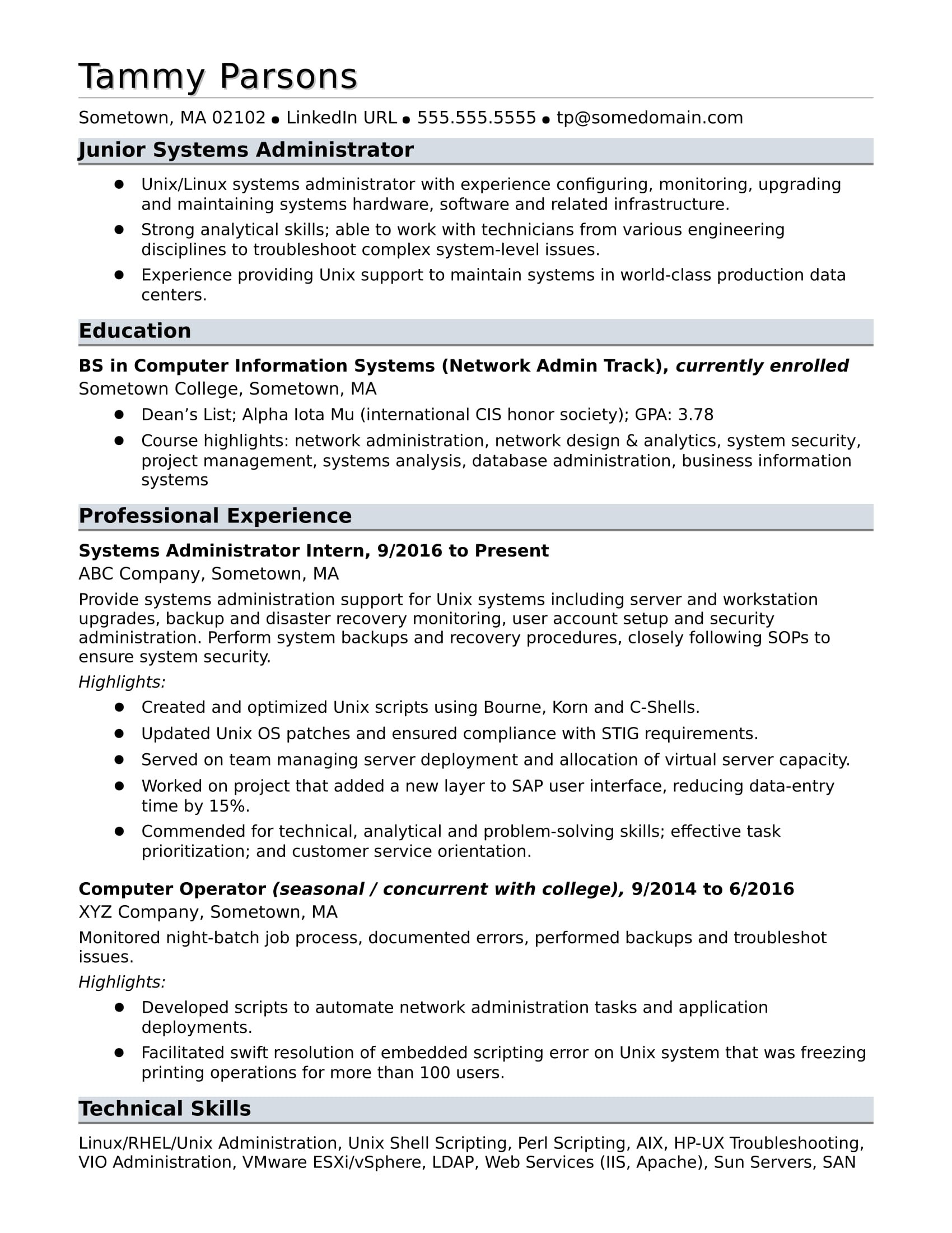 Red Hat Linux Certification Resume Sample Entry-level Systems Administrator Resume Sample Monster.com