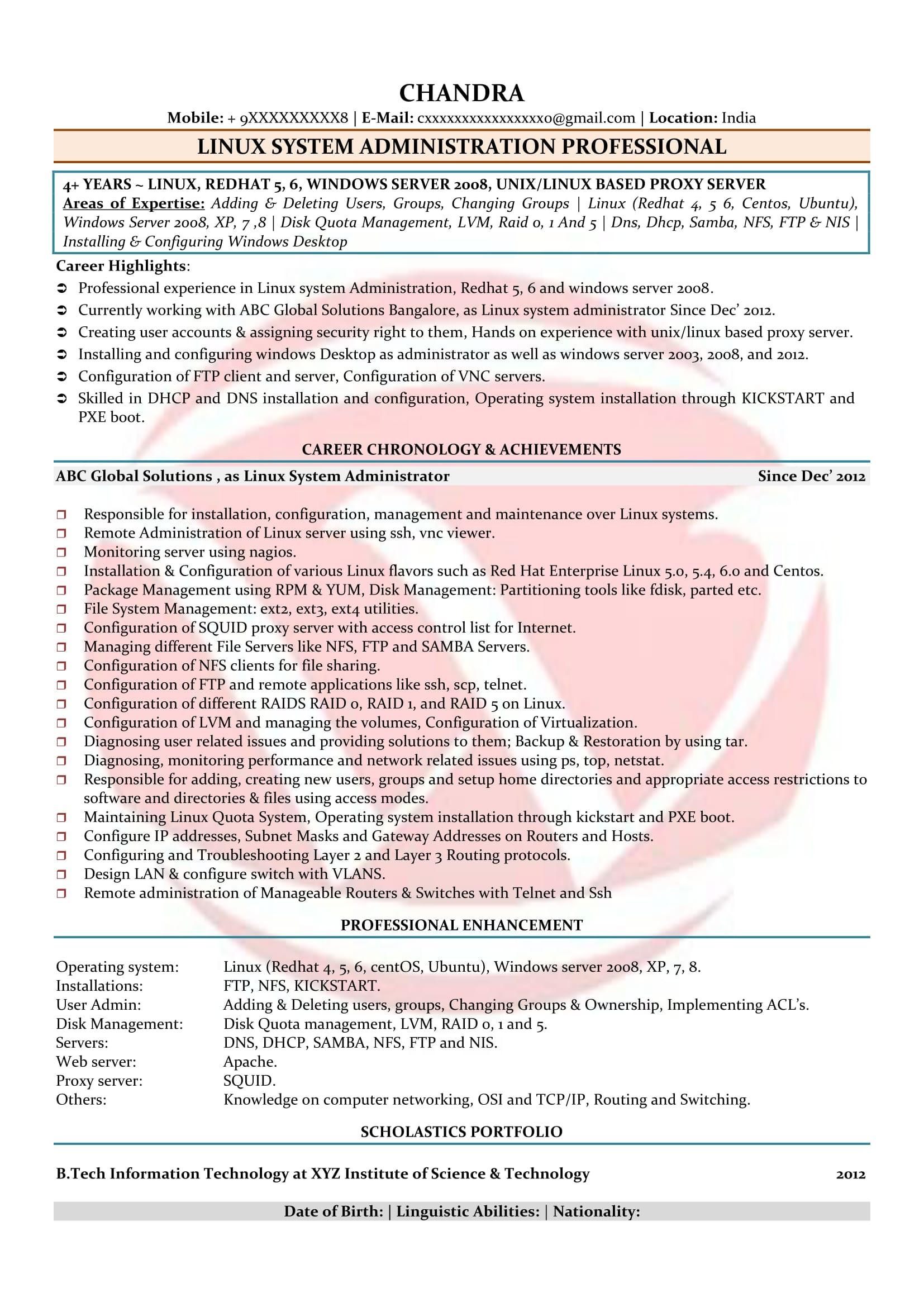 Red Hat Linux Certification Resume Sample Linux Admin Sample Resumes, Download Resume format Templates!