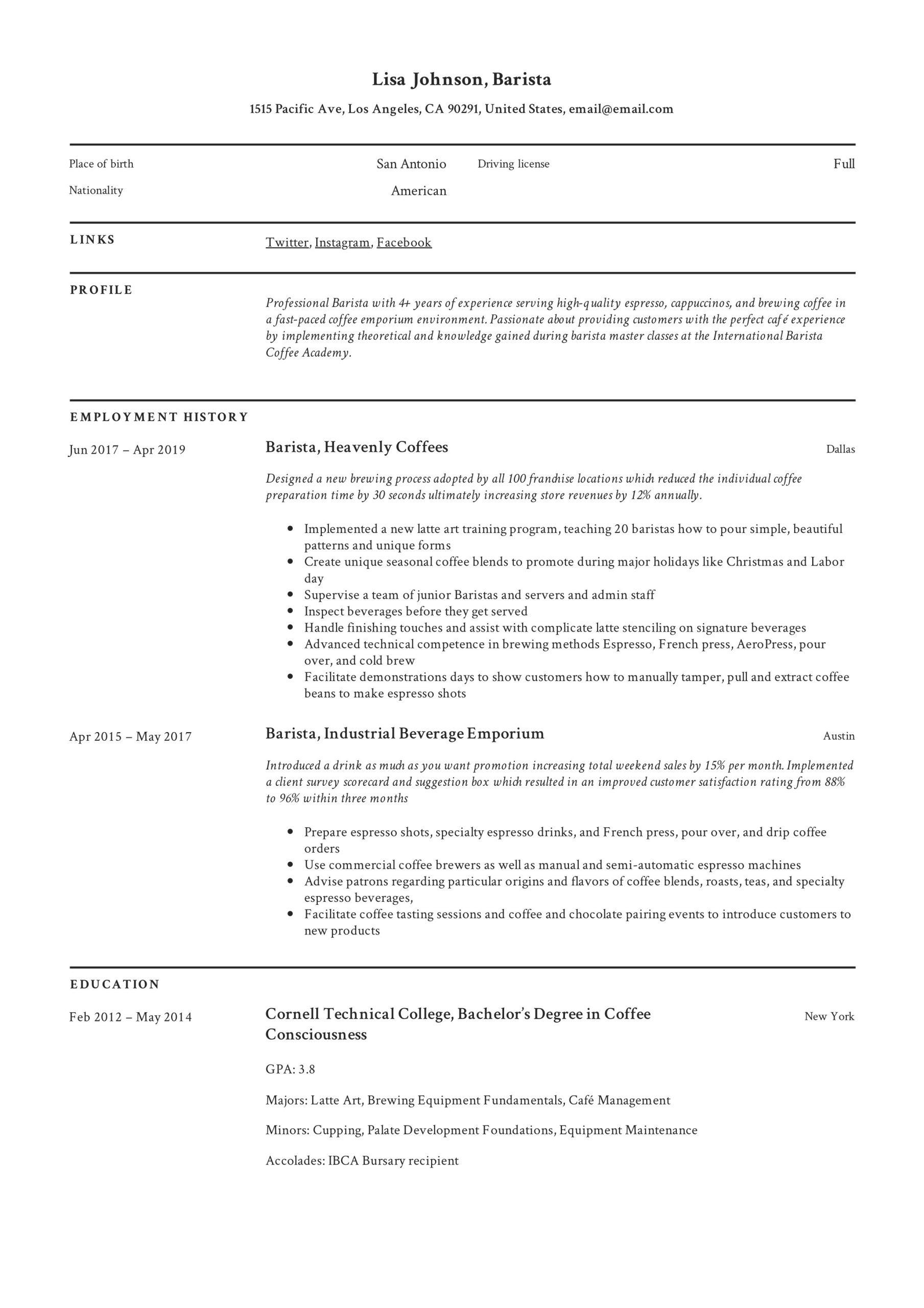 Resume Sample for Barista with Experience Barista Resume & Writing Guide 18 Templates 2022