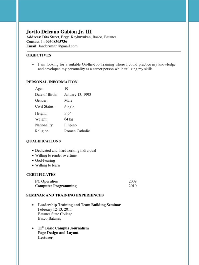 Resume Sample format for Ojt Students Sample Resume for Ojt Student (information Technology) Pdf …