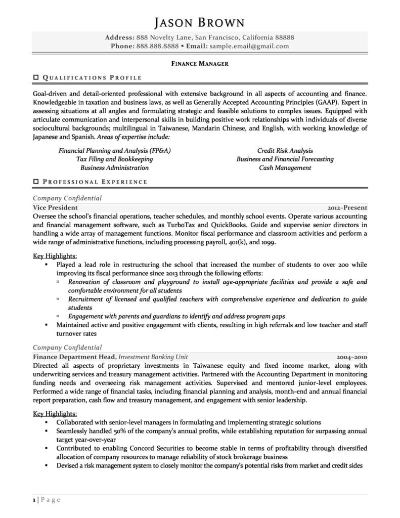 Resume Sample From A Finance Persn Finance Manager Resume Example Resume Professional Writers