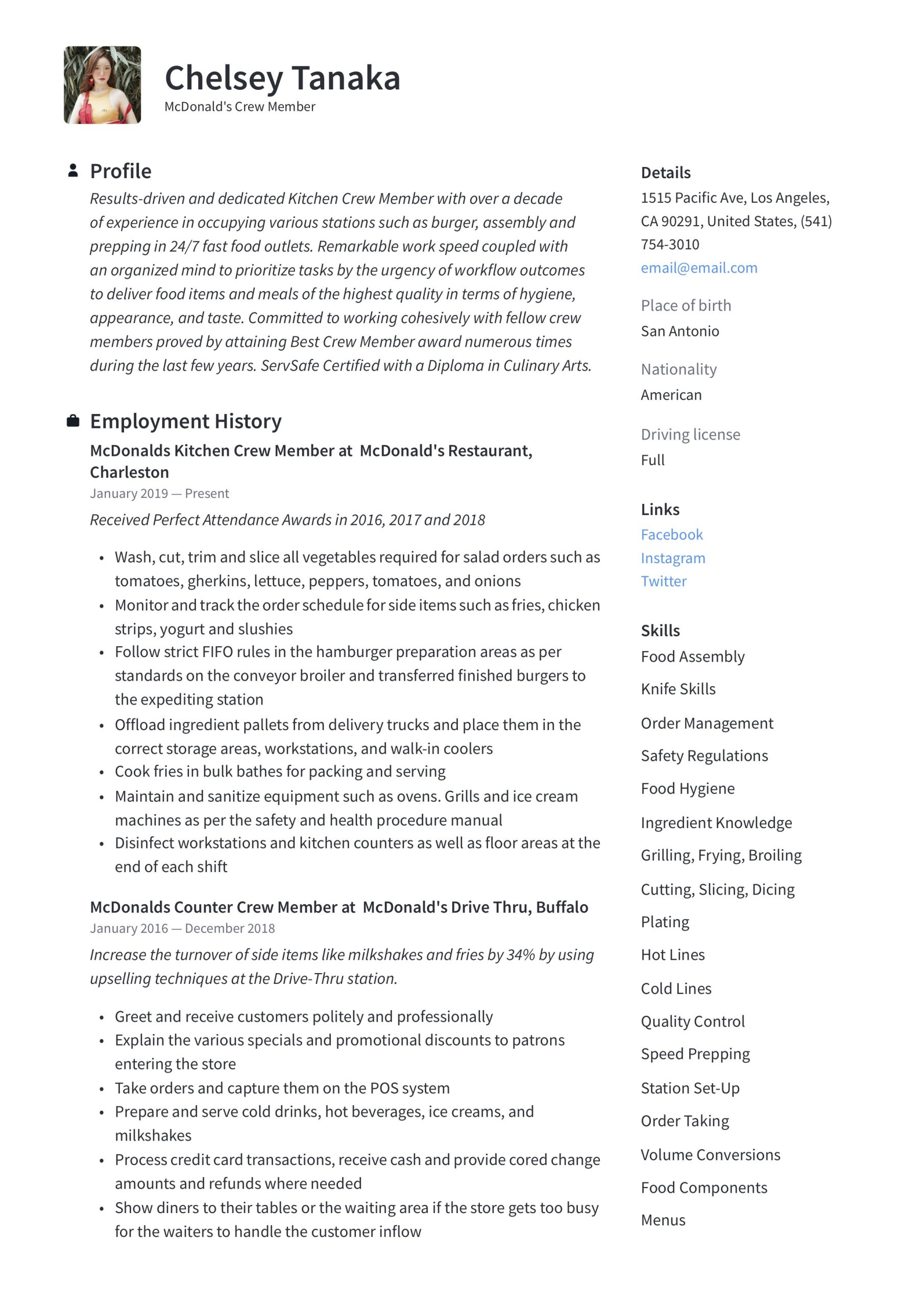 Resume Sample From A Person Working In Mcdonalds Mcdonalds Crew Member Resume & Writing Guide  12 Examples 2020