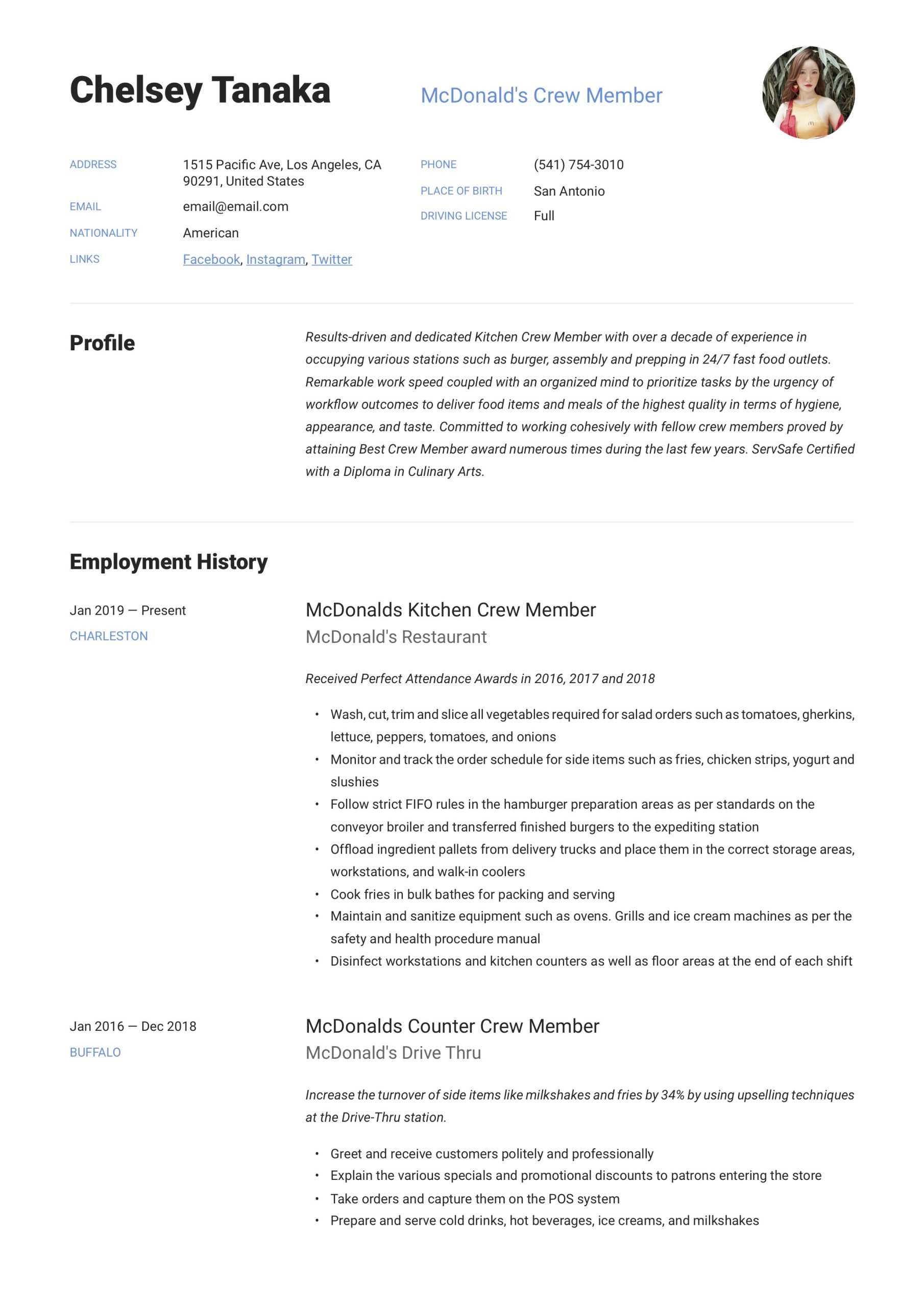 Resume Sample From A Person Working In Mcdonalds Mcdonalds Crew Member Resume & Writing Guide  12 Examples 2020