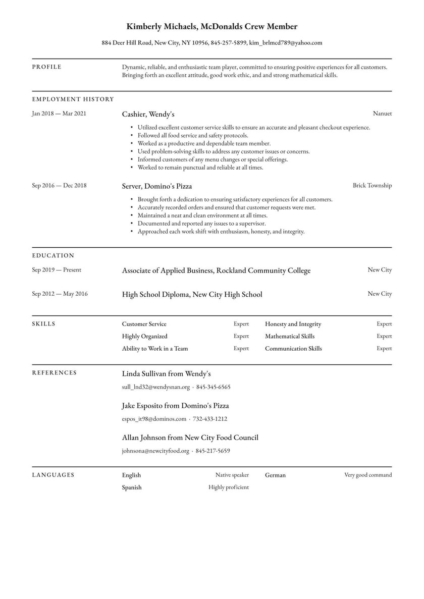 Resume Sample From A Person Working In Mcdonalds Mcdonalds Resume Examples & Writing Tips 2022 (free Guide)