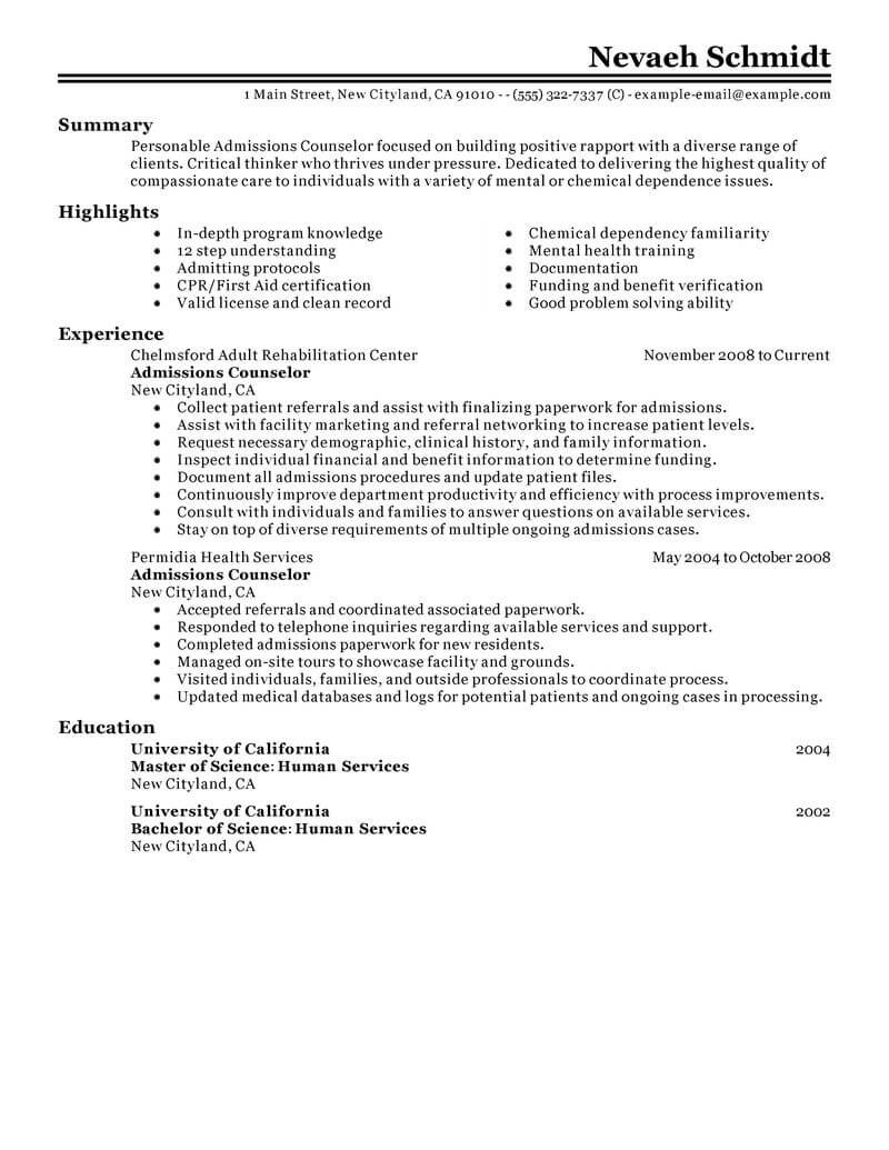 Resume Sample From An Admissions Officer Best Admissions Counselor Resume Example From Professional Resume …