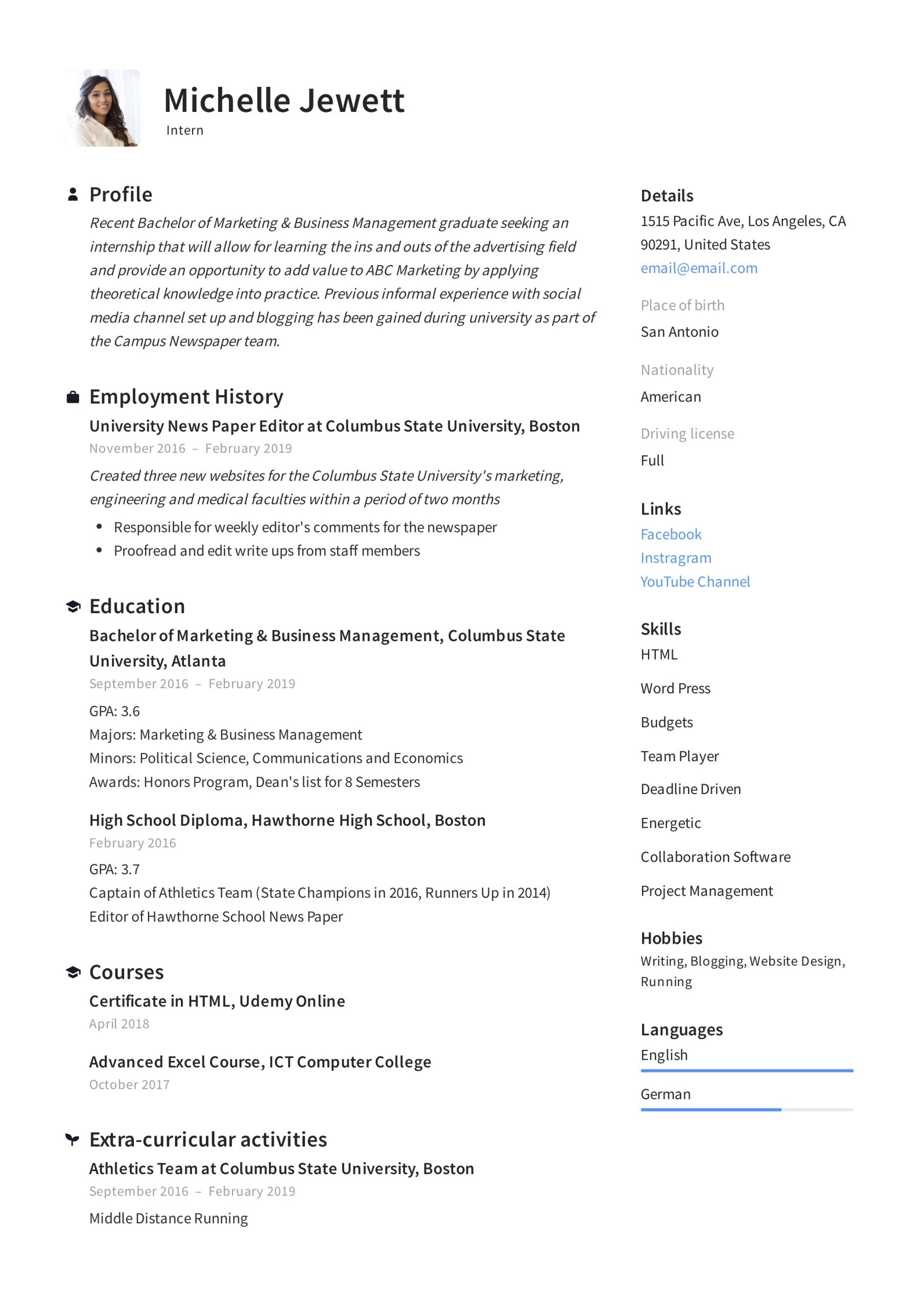 Resume Samples for College Students Internship Intern Resume & Writing Guide   20 Examples 2022