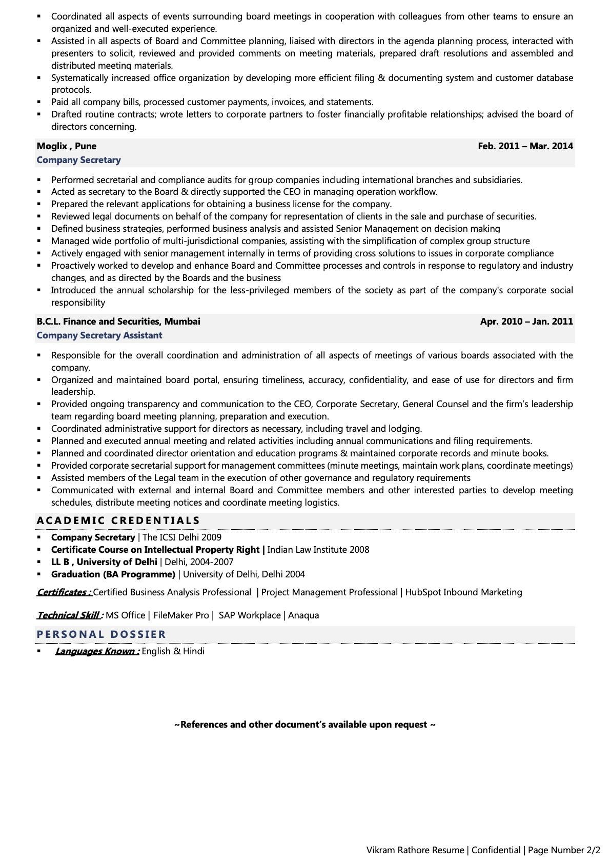 Resume Samples for Company Secretary Students Company Secretary Resume Examples & Template (with Job Winning Tips)