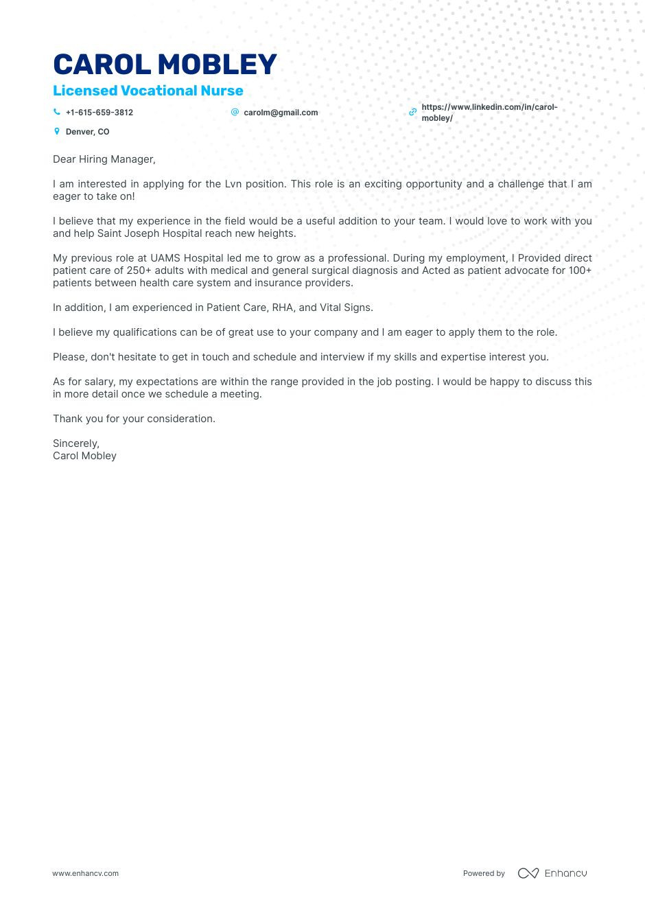 Sample Cover Letter for Lvn Resume Real Lvn Cover Letter Example for 2022