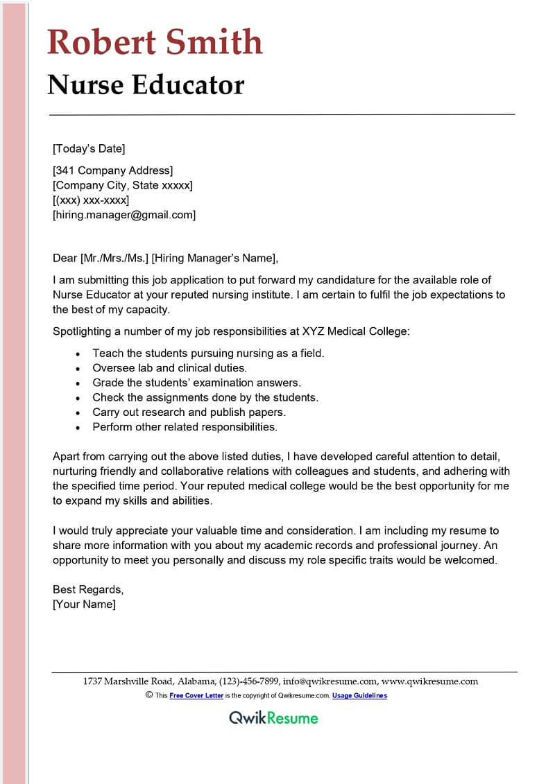 Sample Cover Letter for Nursing Job Resume Nurse Educator Cover Letter Examples – Qwikresume
