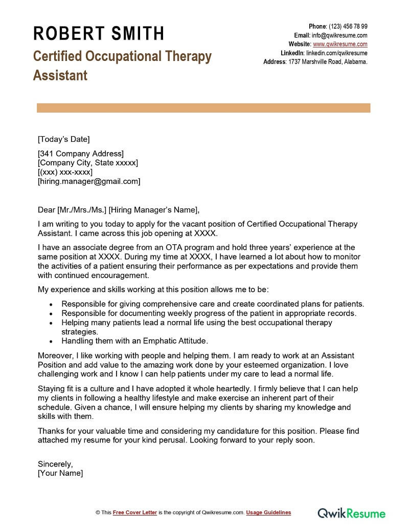 Sample Cover Letter for Occupational therapy Resume Certified Occupational therapy assistant Cover Letter Examples …