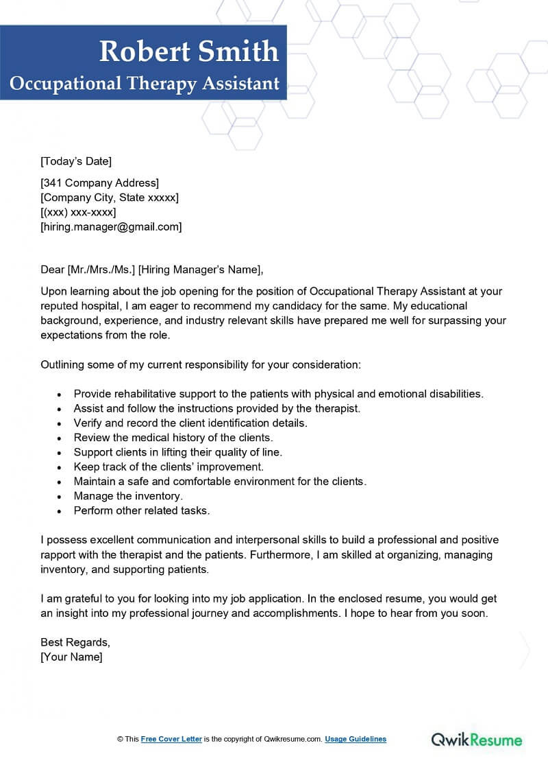 Sample Cover Letter for Occupational therapy Resume Occupational therapy assistant Cover Letter Examples – Qwikresume