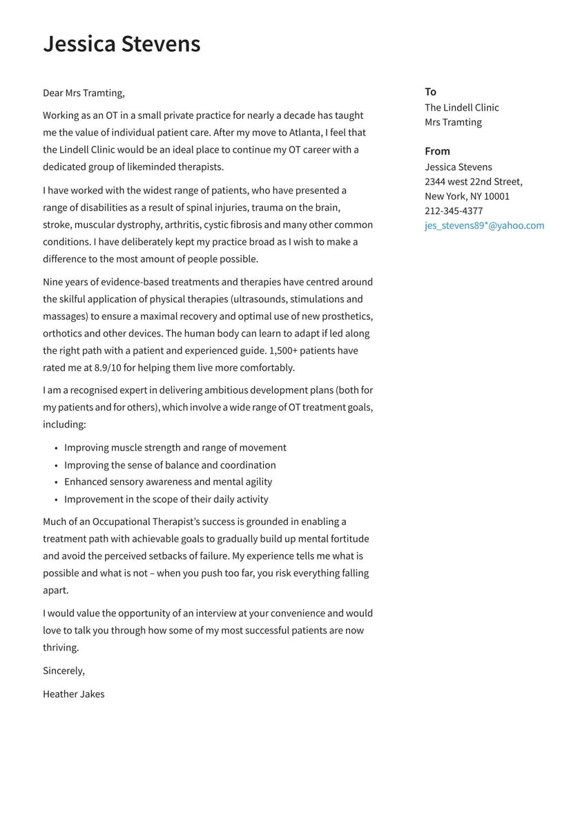 Sample Cover Letter for Occupational therapy Resume Occupational therapy Cover Letter Examples & Expert Tips [free]