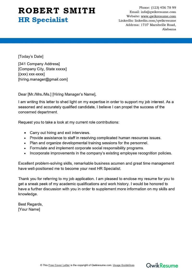 Sample Email to Send Resume for Hr Job Hr Specialist Cover Letter Examples – Qwikresume
