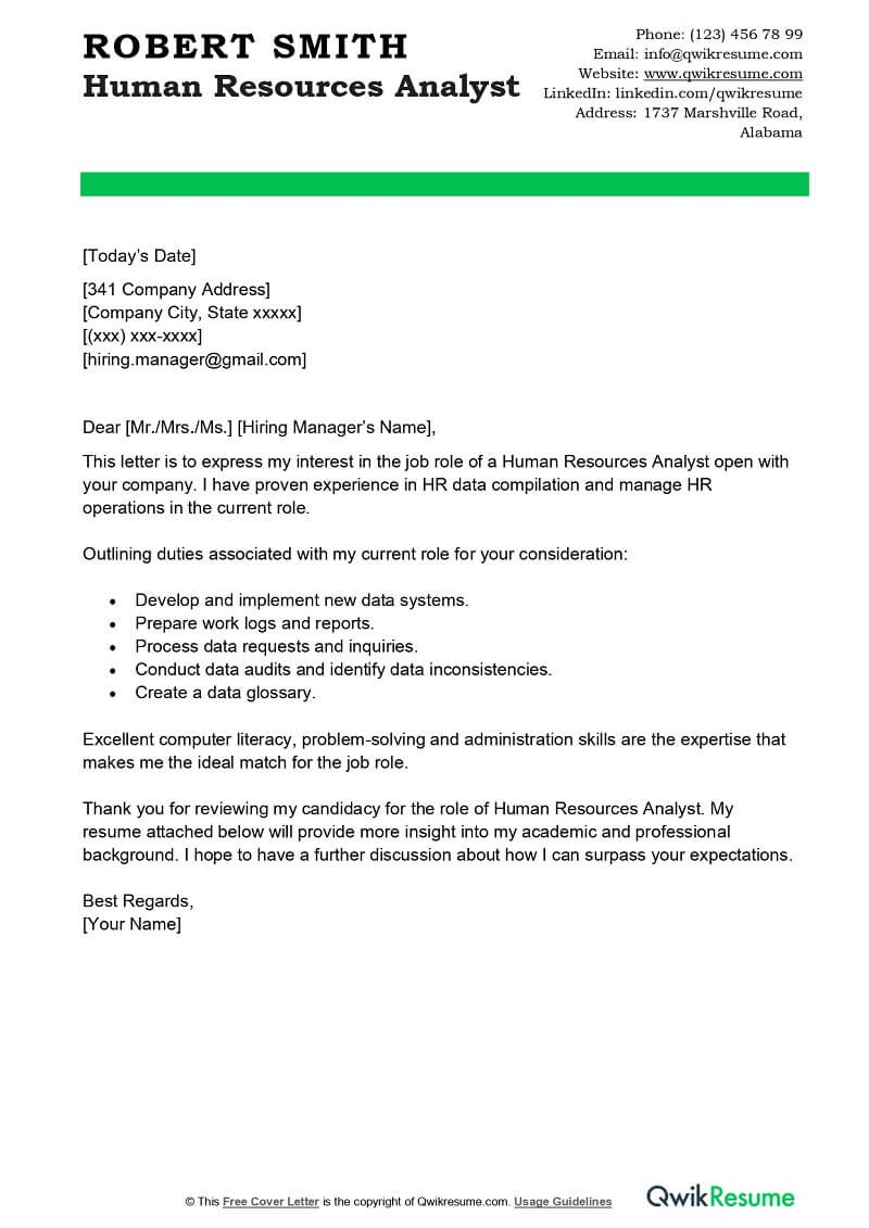 Sample Email to Send Resume for Hr Job Human Resources Analyst Cover Letter Examples – Qwikresume