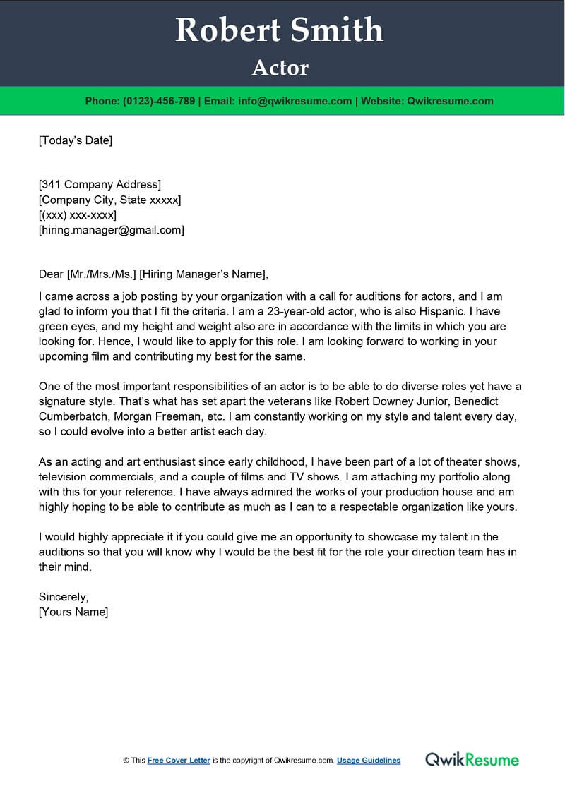 Sample Email to Send Resume to Film Company Actor Cover Letter Examples – Qwikresume