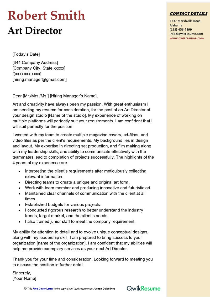 Sample Email to Send Resume to Film Company Art Director Cover Letter Examples – Qwikresume