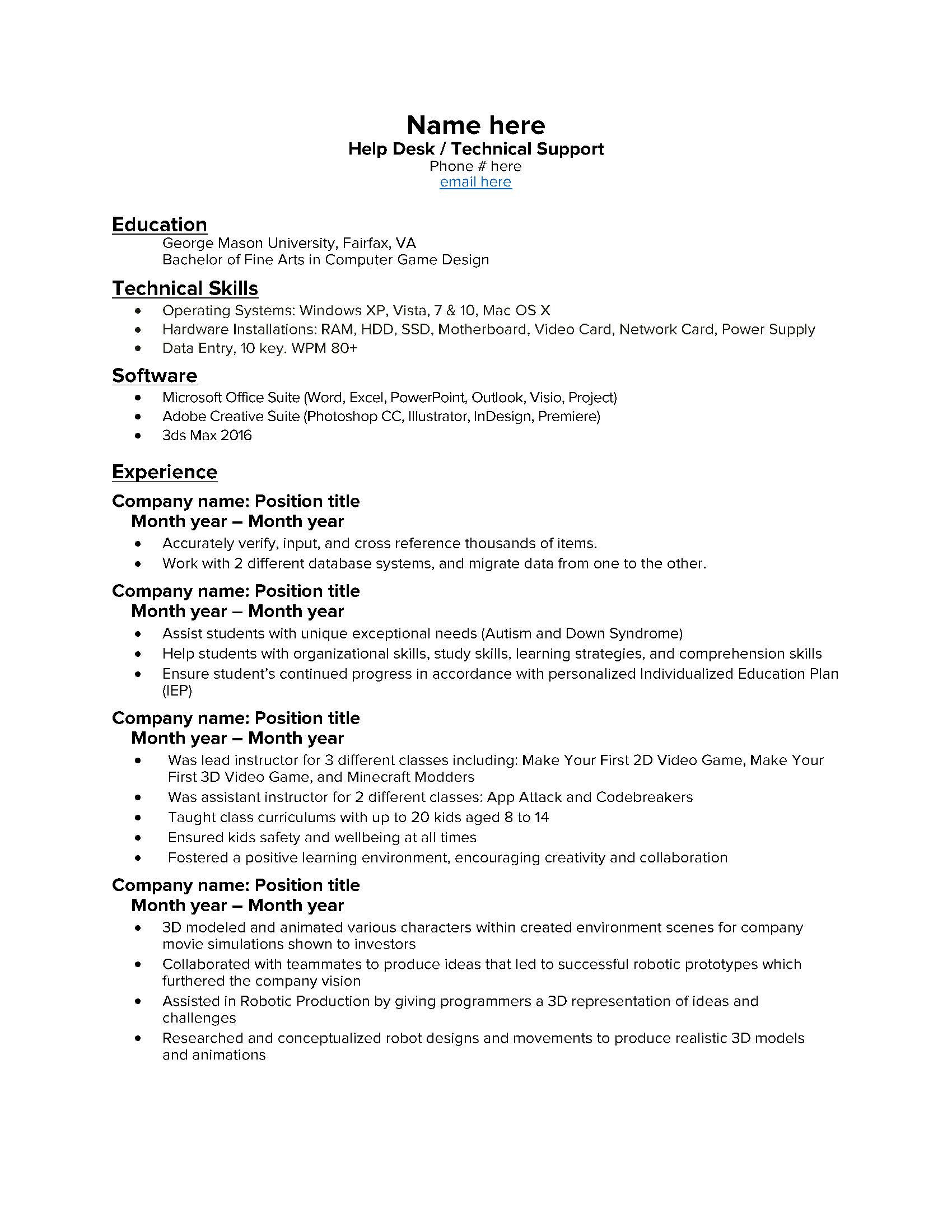 Sample Helpdesk Technician Level 1 Resumes Entry Level Help Desk Resume : R/resumes