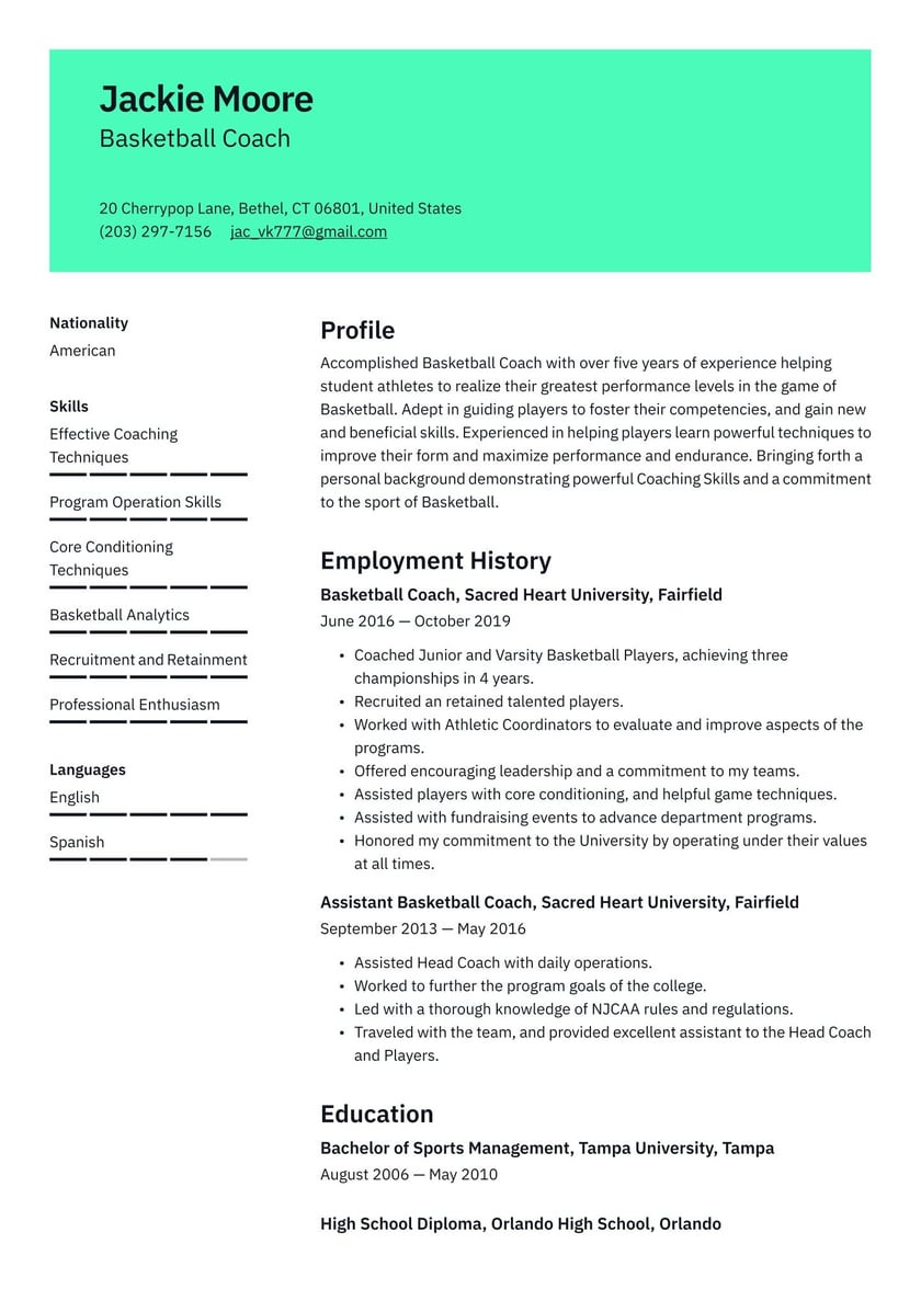 Sample High School Basketball Player Resume Basketball Coach Resume Examples & Writing Tips 2022 (free Guide)