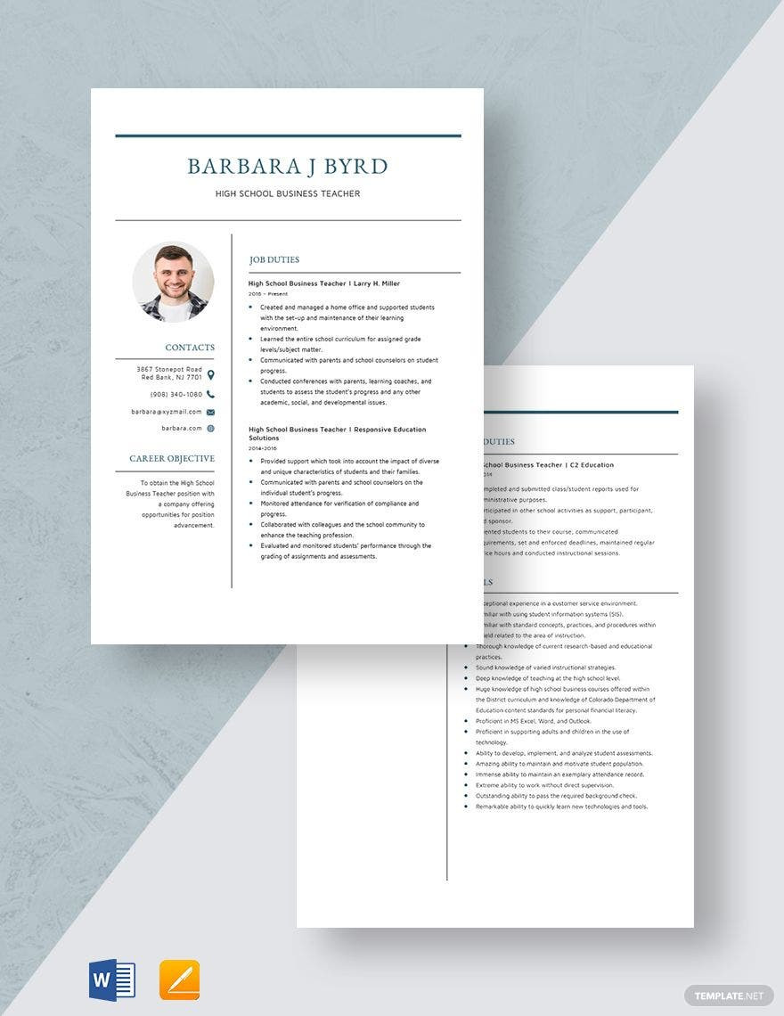 Sample High School Business Teacher Resume High School Business Teacher Resume Template – Word, Apple Pages …