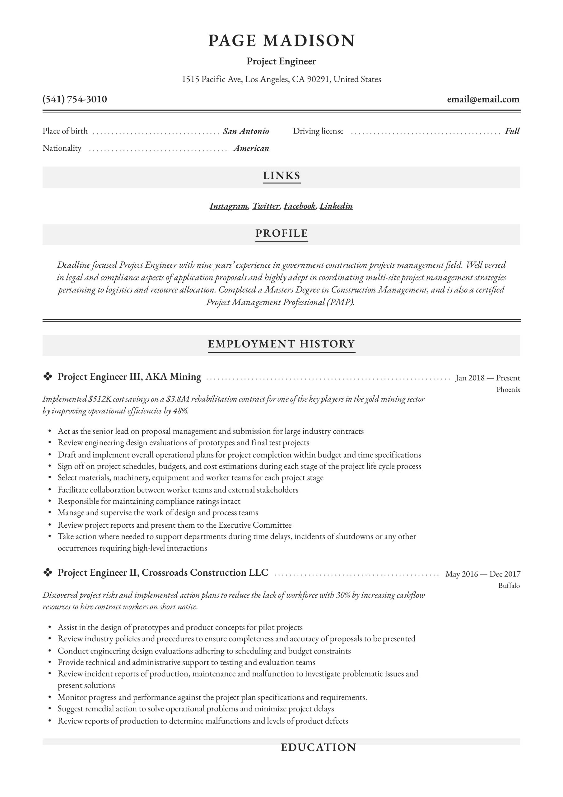 Sample Mid Level Project Engineer Resume Project Engineer Resume & Writing Guide  12 Resume Examples 2020
