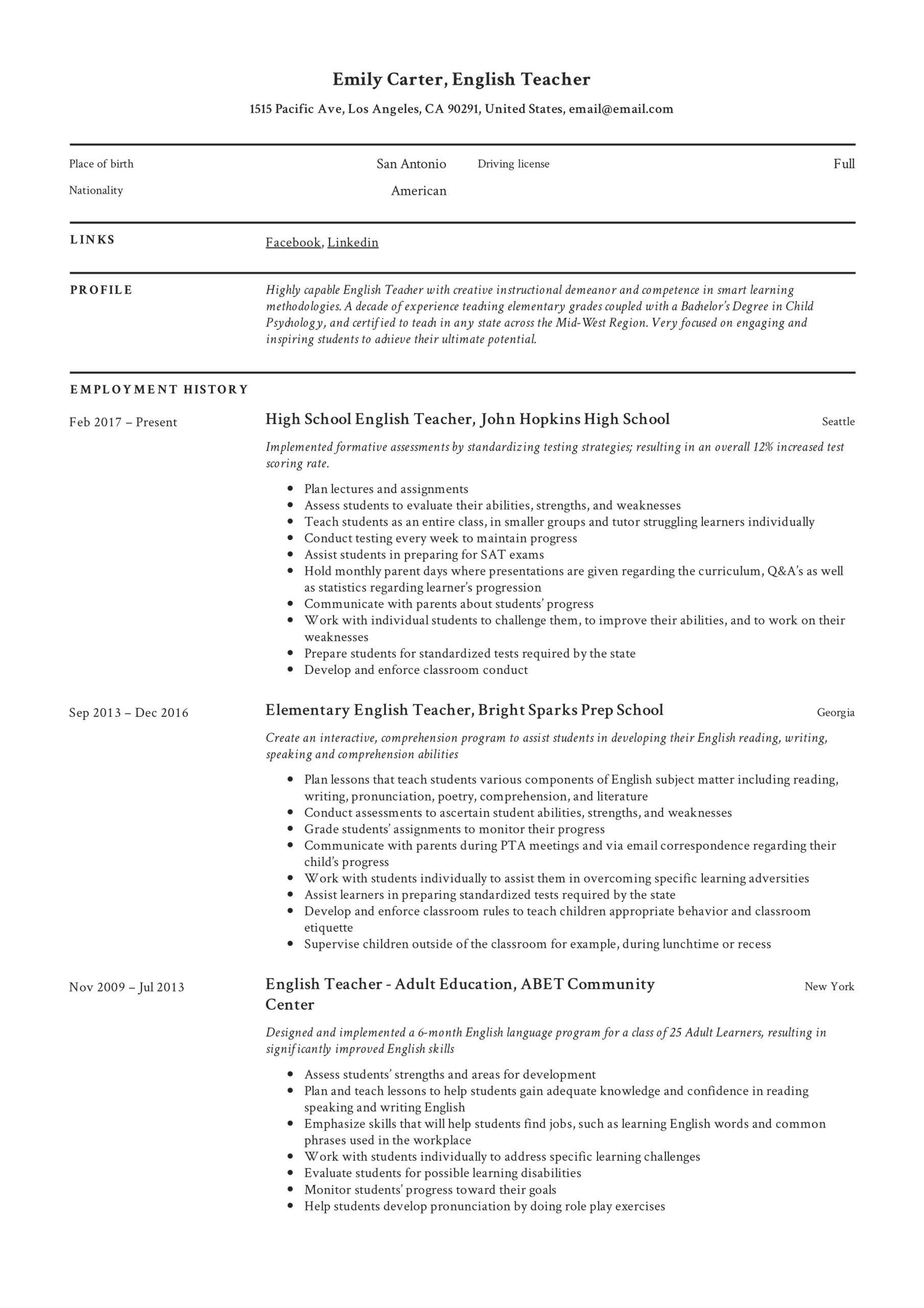 Sample Middle School English Teacher Resume English Teacher Resume & Writing Guide  12 Free Templates 2022