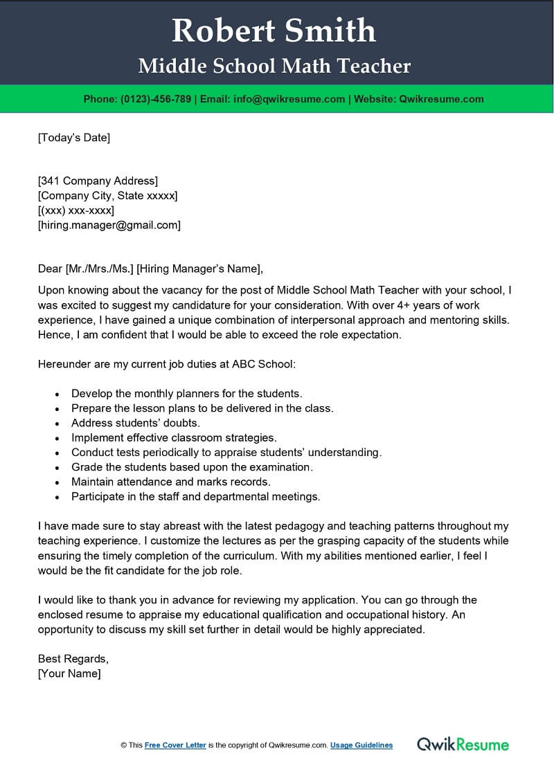Sample Middle School Math Teacher Resume Middle School Math Teacher Cover Letter Examples – Qwikresume