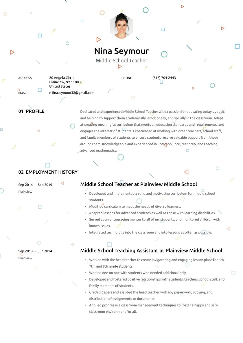 Sample Middle School Resume for Teachers Middle School Teacher Resume Example & Writing Guide Â· Resume.io