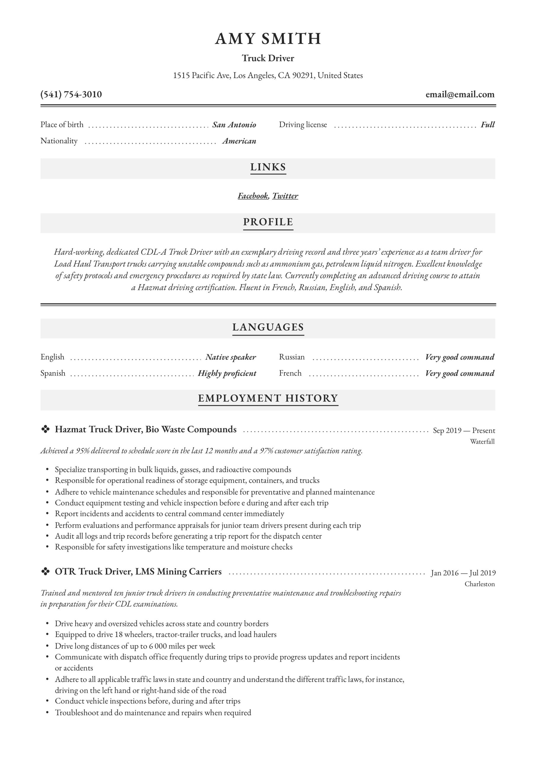 Sample Of A Cdl Truck Driver Resume Truck Driver Resume & Writing Guide  12 Resume Examples 2019