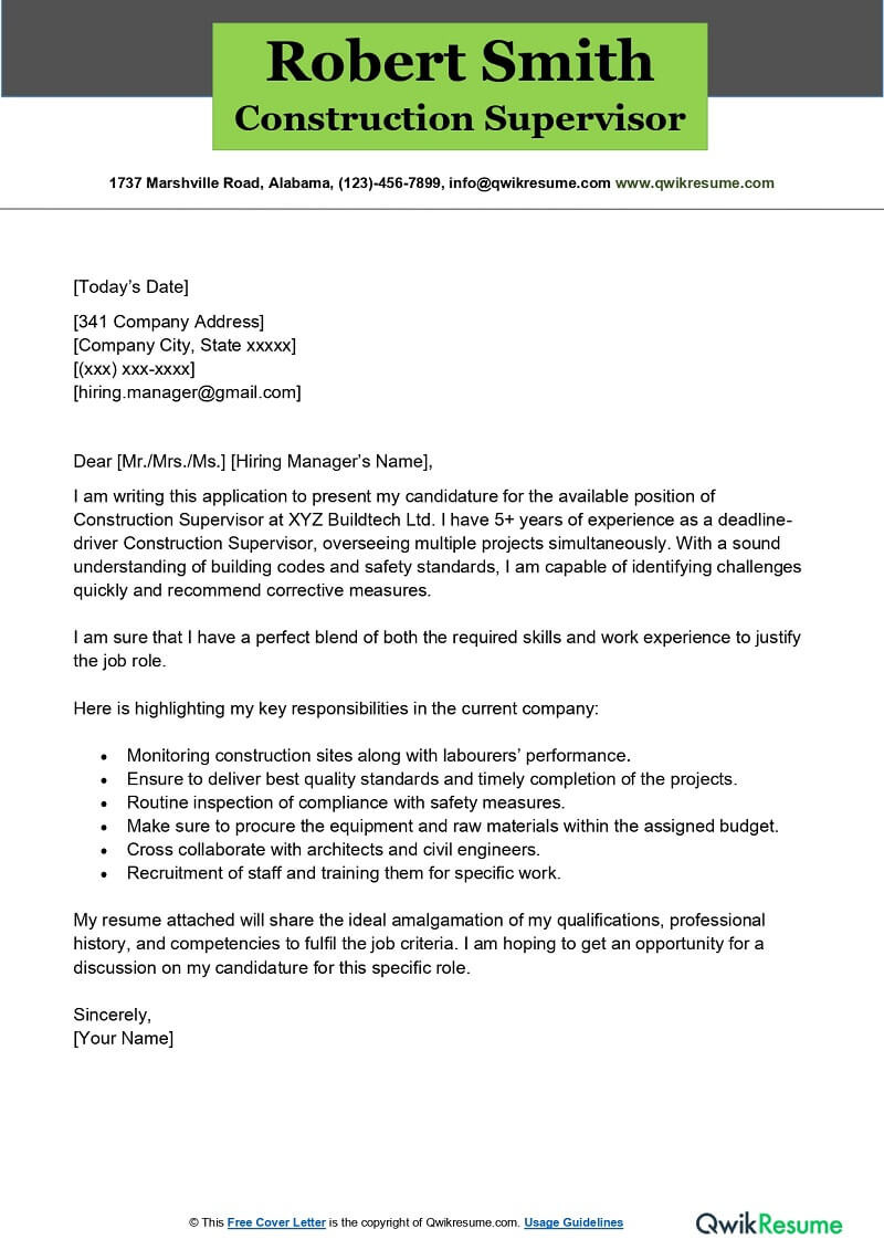 Sample Of A Construction Supervisor Resume Construction Supervisor Cover Letter Examples – Qwikresume