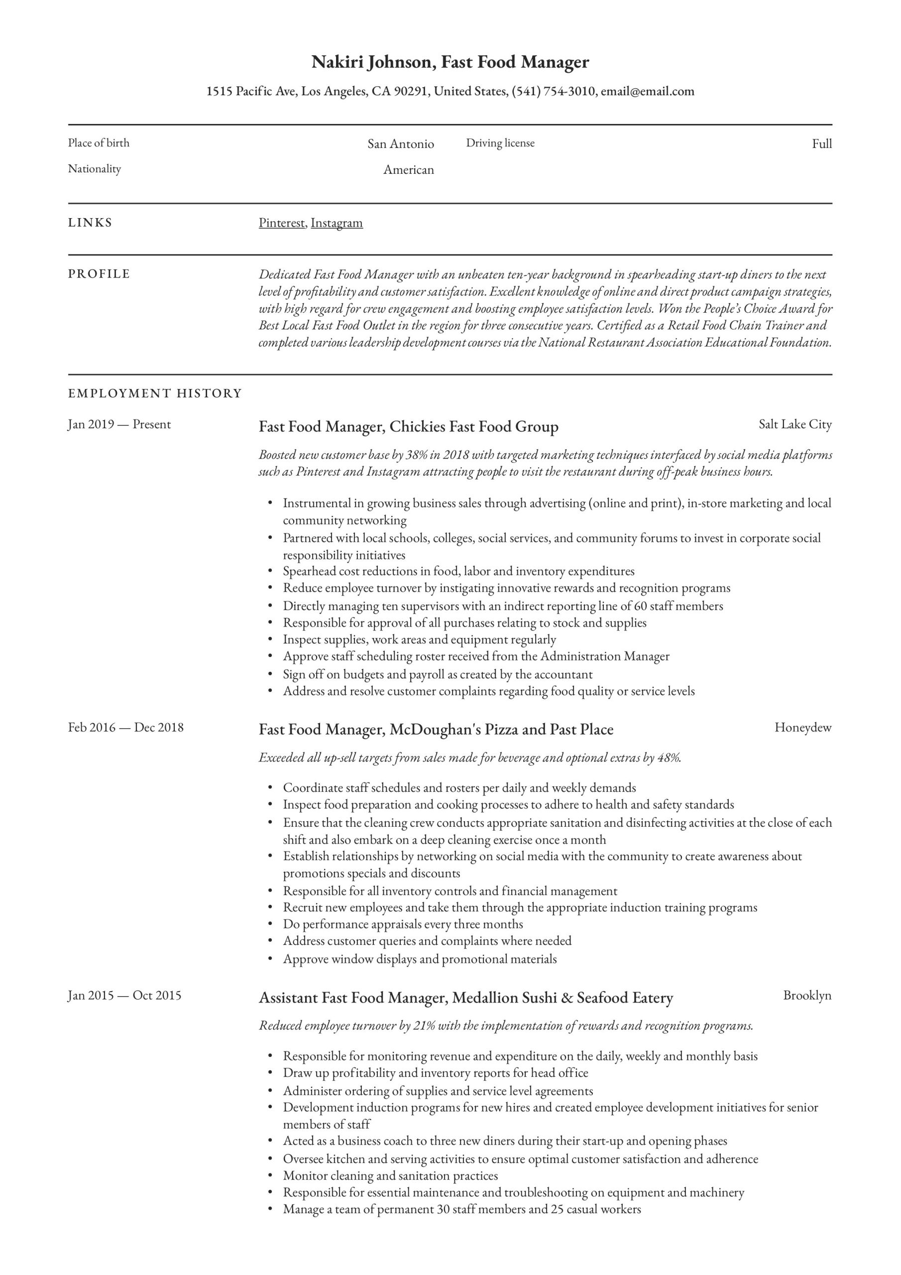 Sample Of Resume Of Chicken Plant Manager Fast Food Manager Resume & Writing Guide  12 Examples 2022