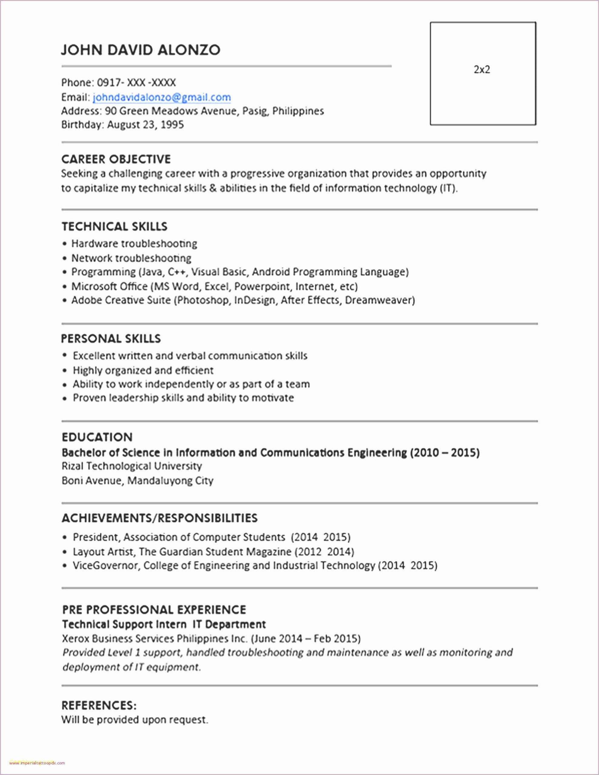 Sample Of Resume with 2×2 Picture Resume Template: Resume Template with 2×2 Picture