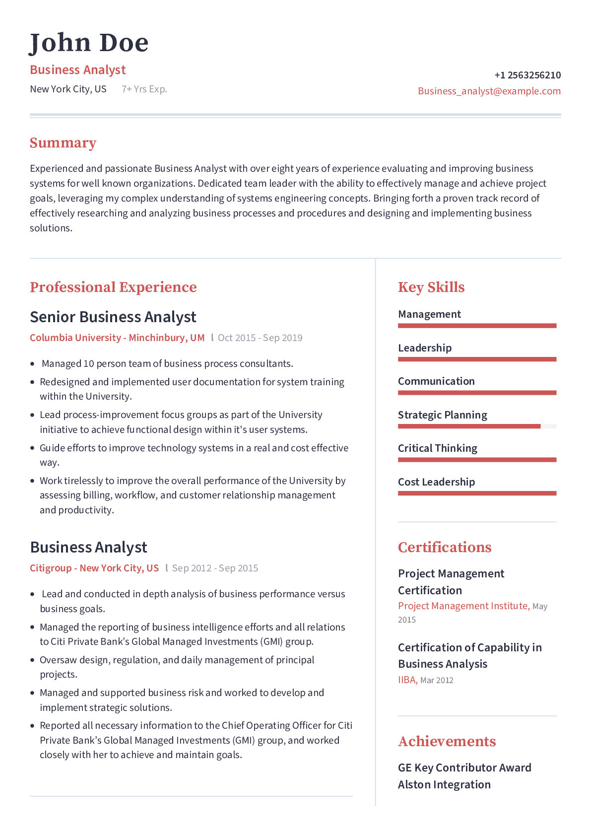 Sample Resume 1 Year Experience Businene Analyst Business Analyst Resume Example with Pre-written Content Sample …