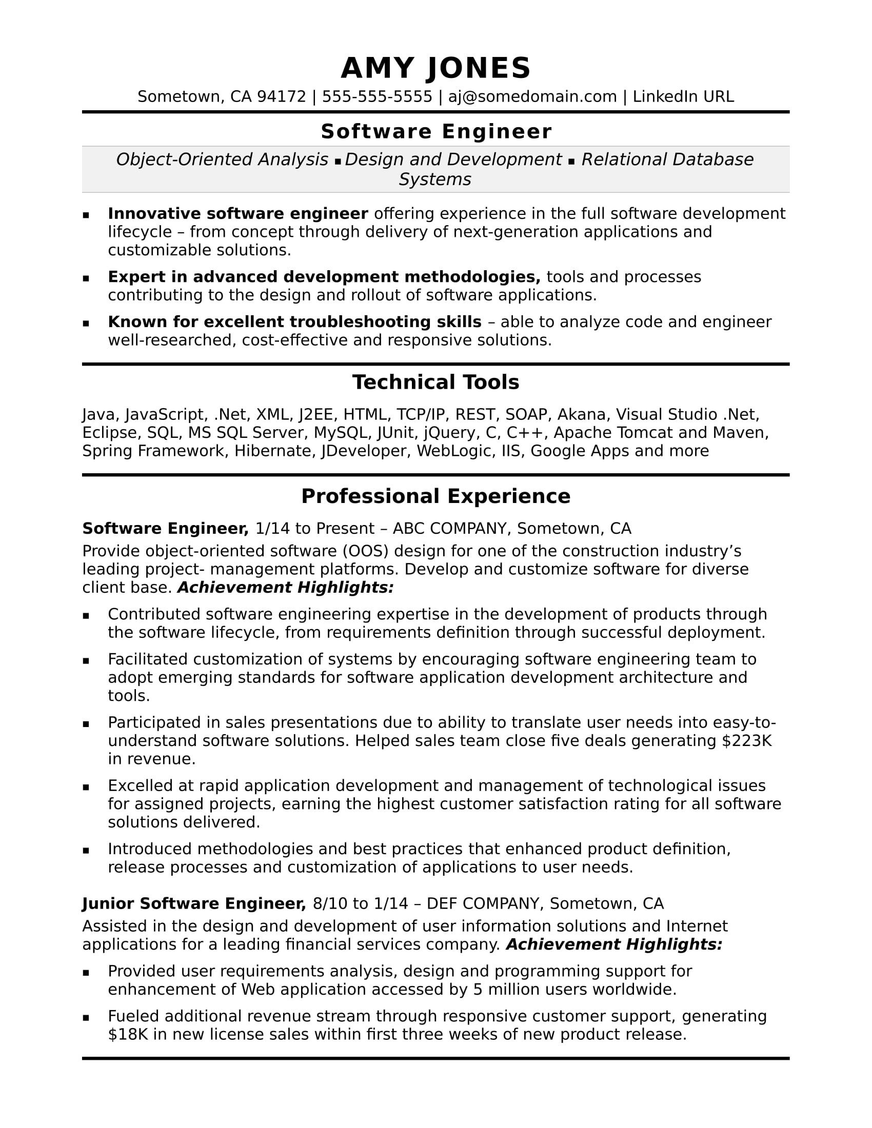 Sample Resume 1 Year Experienced software Engineer software Engineer Resume Monster.com