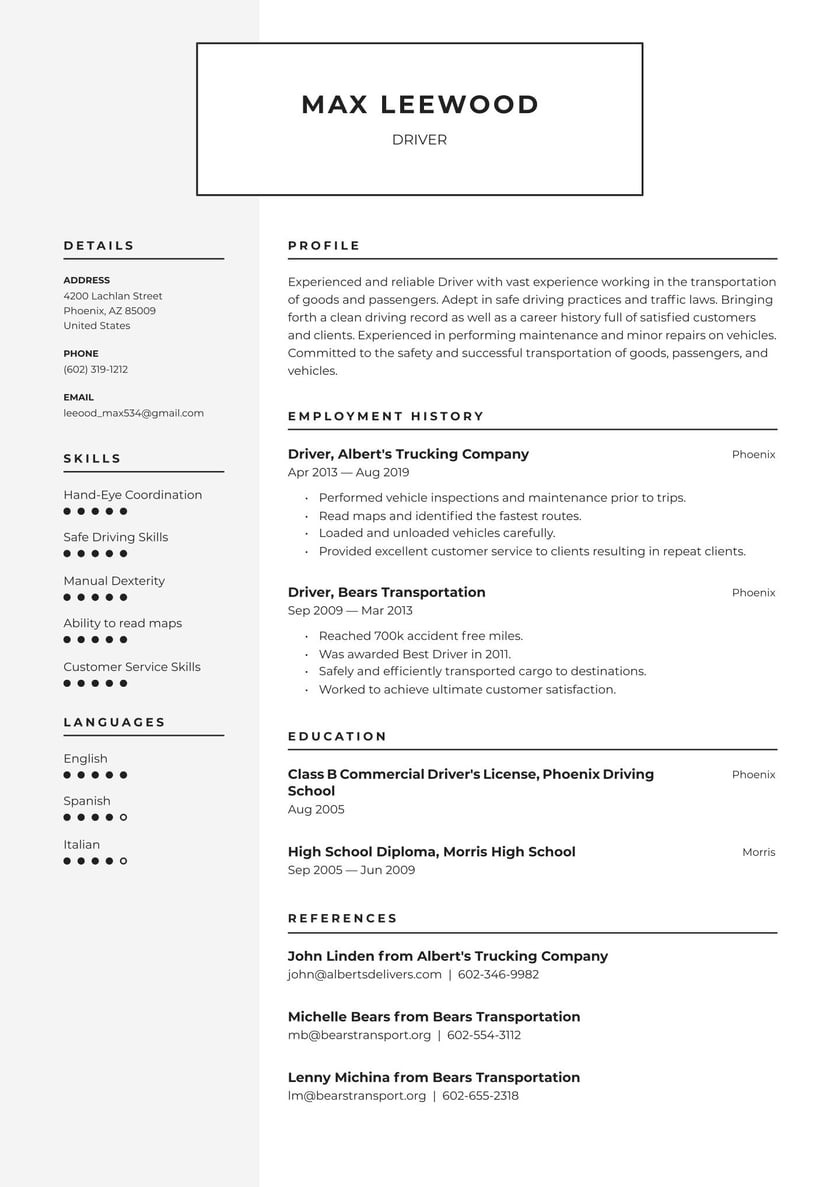 Sample Resume Driver Log Sheet Template Driver Resume Examples & Writing Tips 2022 (free Guide) Â· Resume.io