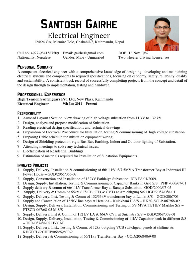 Sample Resume Electrical Estimation Engineer Cv Electrical Engineer Cv Sample Pdf Electrical Substation High …