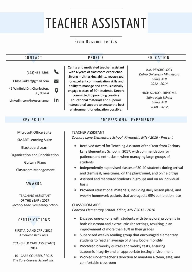 Sample Resume for A Teacher Aide Resume Template for Teachers New Teacher assistant Resume Sample …