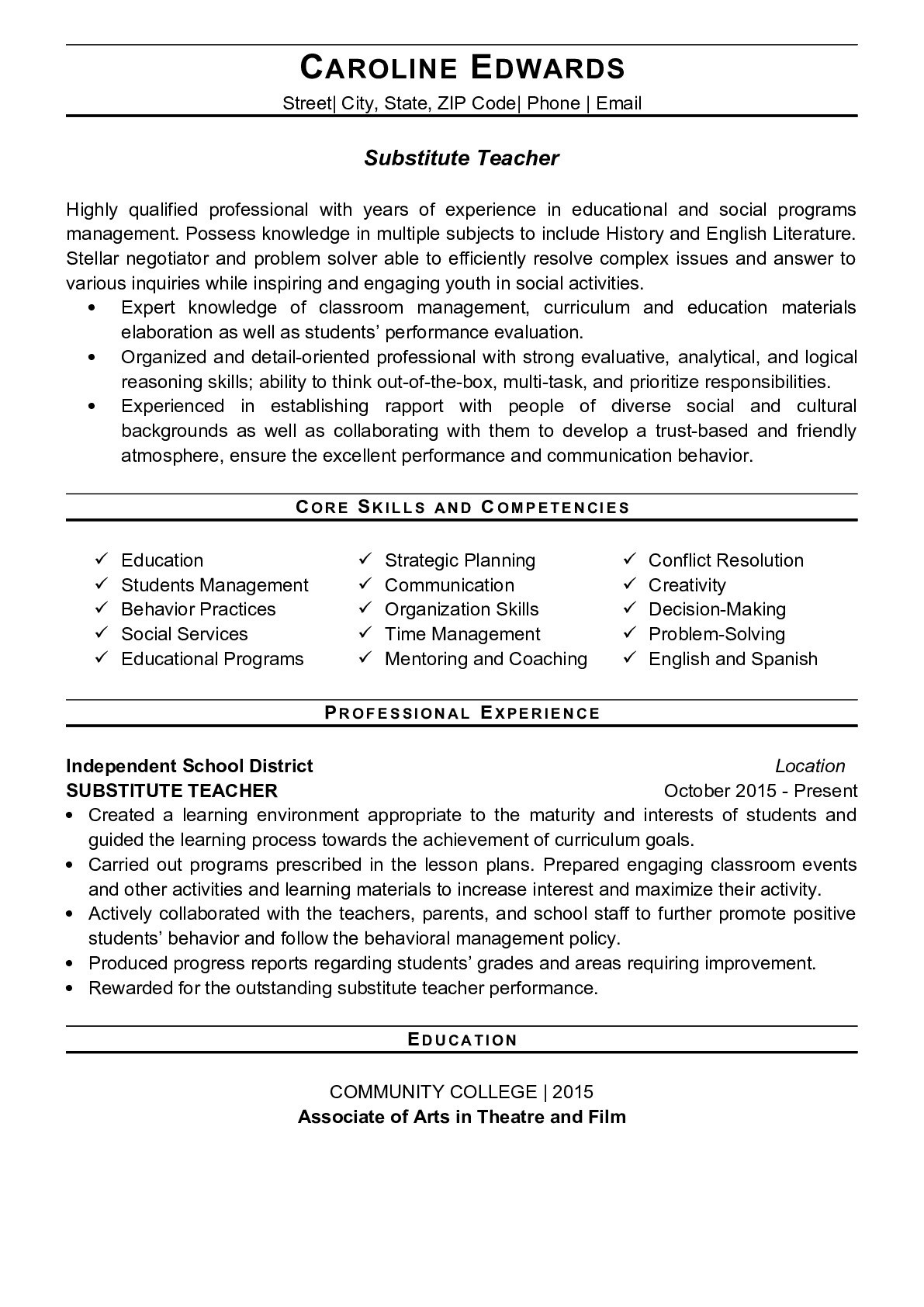 Sample Resume for A Teacher with Substitute Substitute Teacher Resume Examples Resumegets.com