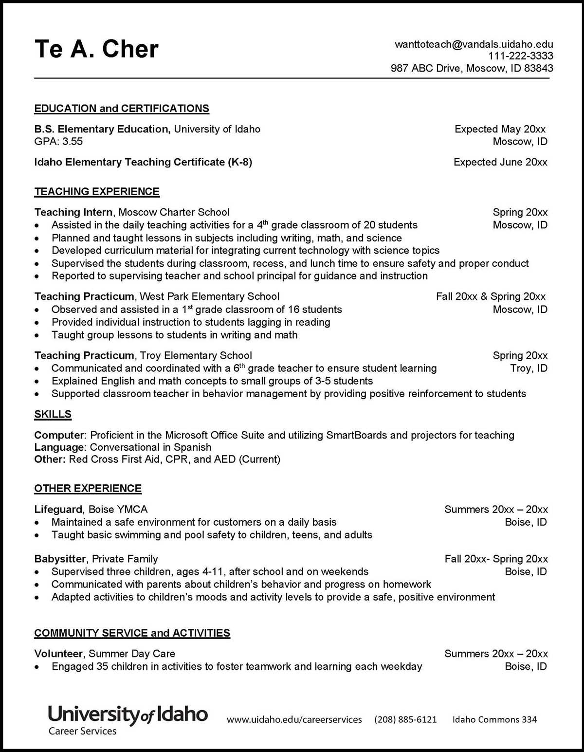 Sample Resume for A Teen Volunteer In Red Cross Resumes and Cvs – Career Services – University Of Idaho
