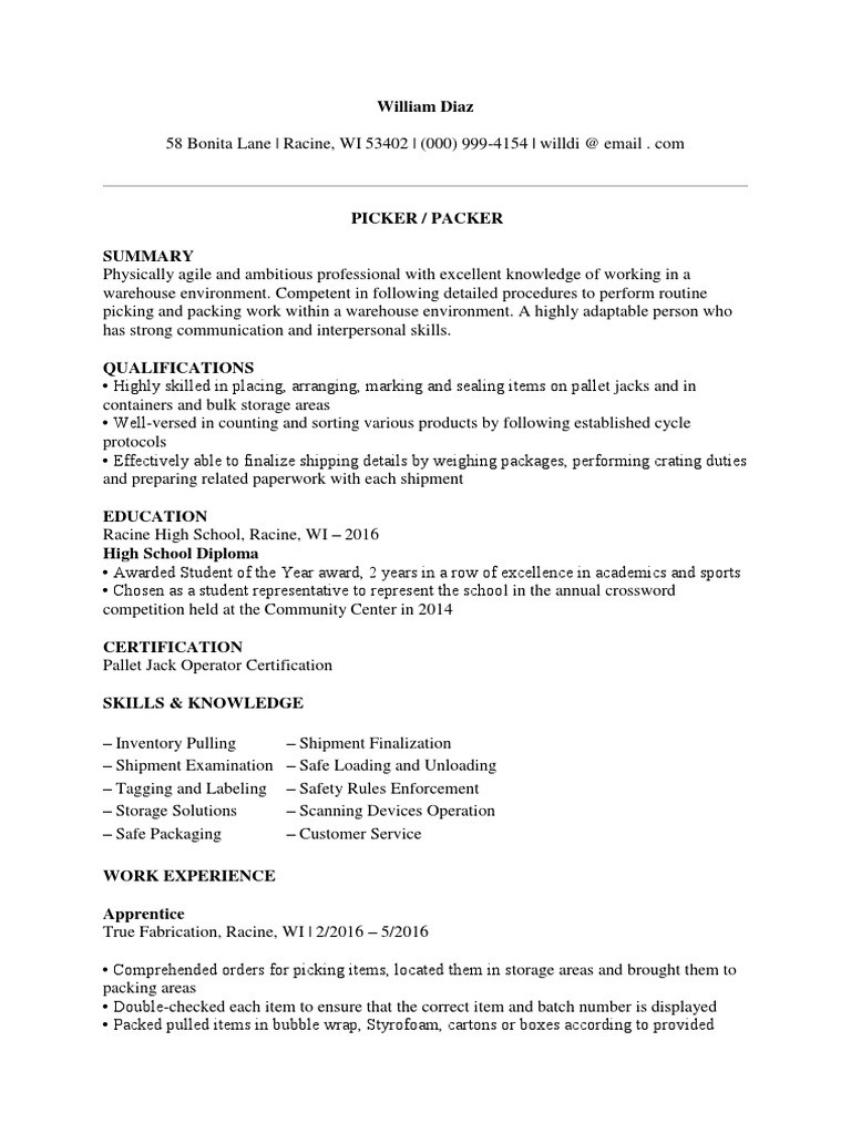 Sample Resume for Crating and Shipping Sample Pick Packer Resume Pdf Warehouse forklift
