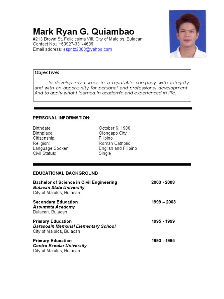 Sample Resume for Criminology Fresh Graduate Mark Ryan Quiambao Resume Philippines) Pdf Cognition Learning