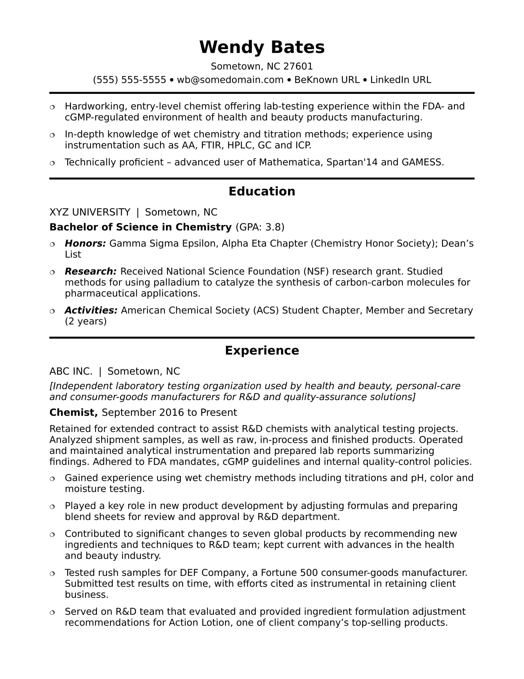 Sample Resume for Eta In Canada Entry-level Chemist Resume Sample Monster.com