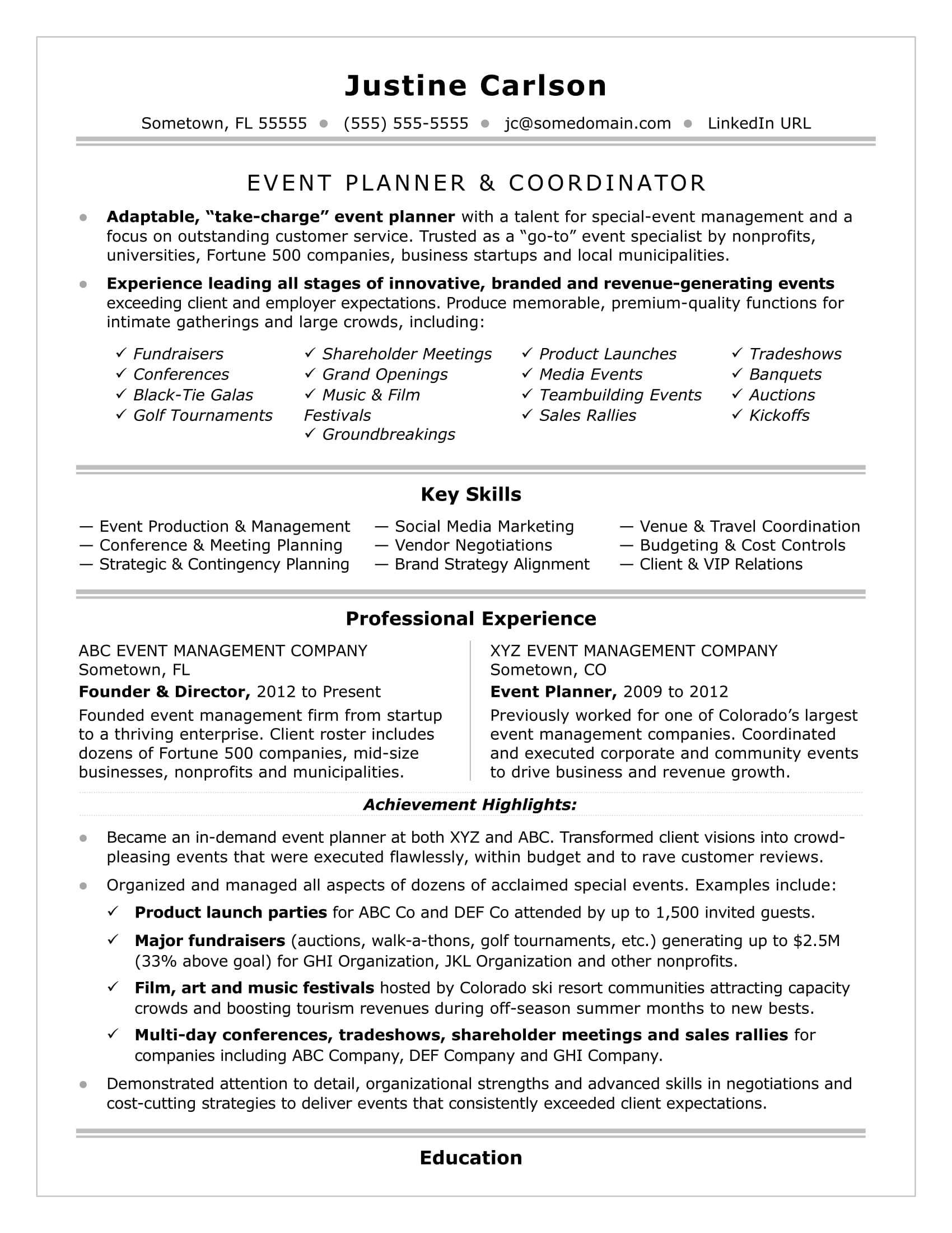 Sample Resume for event Planner assistant event Coordinator Resume Sample Monster.com