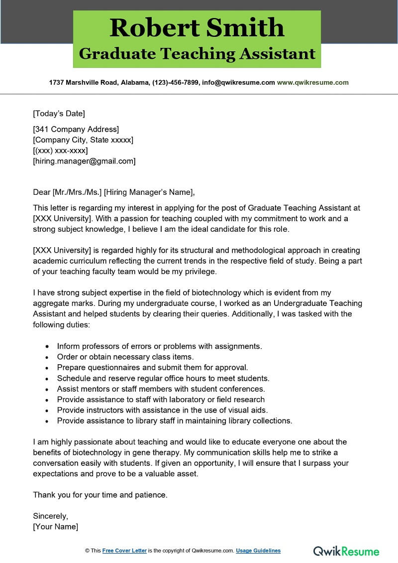 Sample Resume for Graduate Teaching assistant In Graduate School Graduate Teaching assistant Cover Letter Examples – Qwikresume