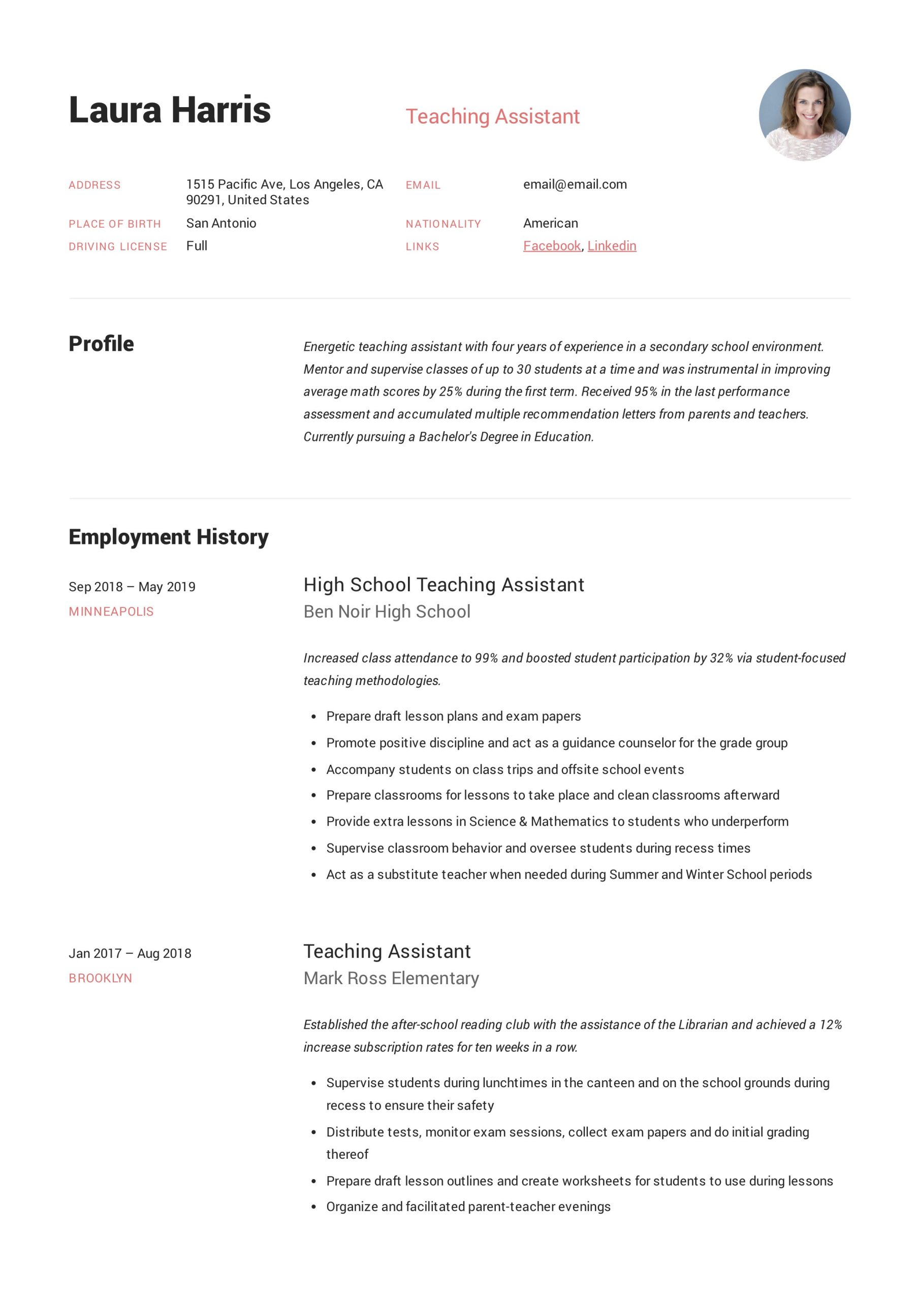 Sample Resume for Graduate Teaching assistant Teaching assistant Resume & Writing Guide  12 Templates Pdf